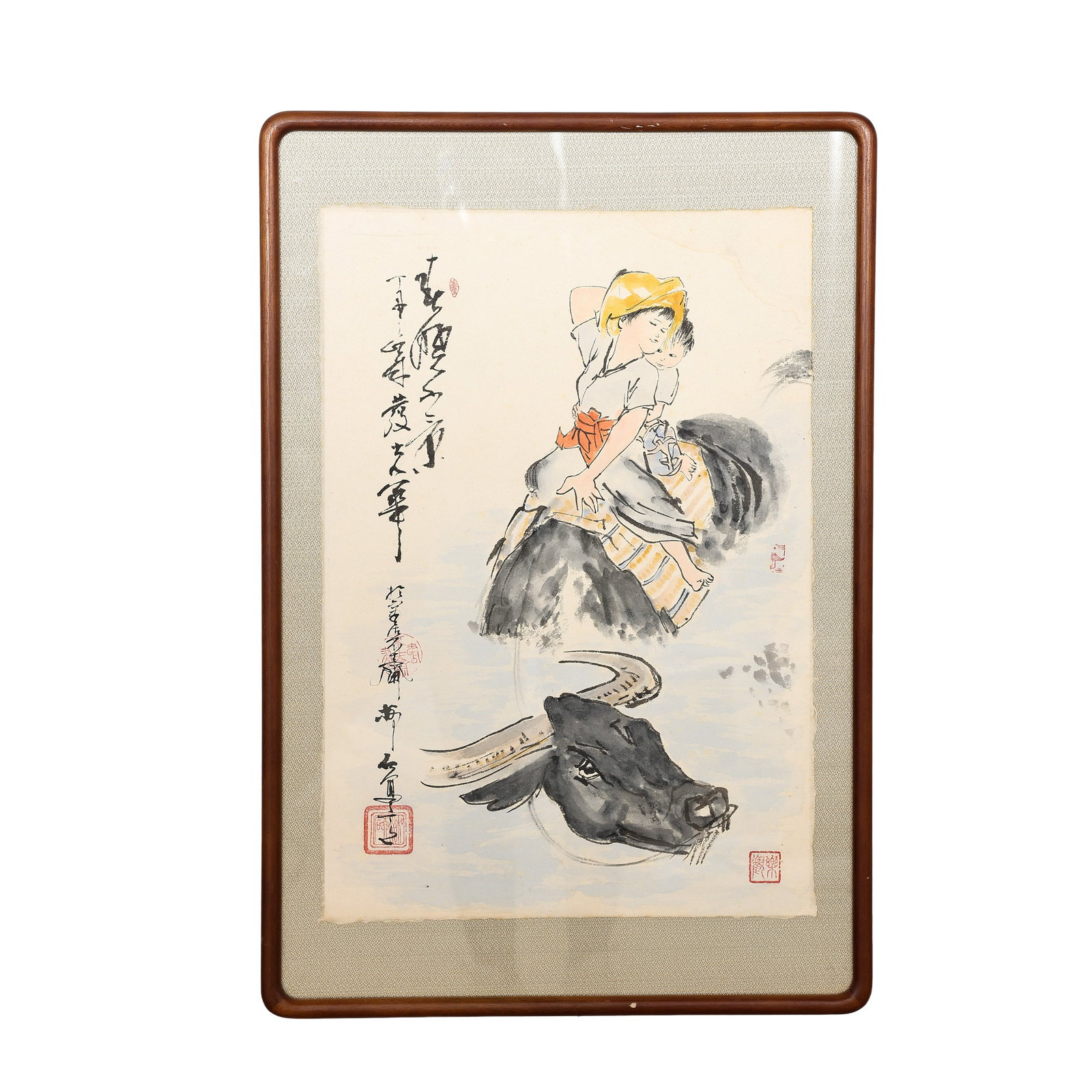 Framed Ink and Color Painting, Mother and Child Riding Buffalo, Modern 20th Century: Measurements: Overall frame length 64cm(25.20in), overall frame width 42cm(16.54in), Modern 20th CenturyCondition & Provenance: The paper painting surface is fully intact with no moth damage, mold, te