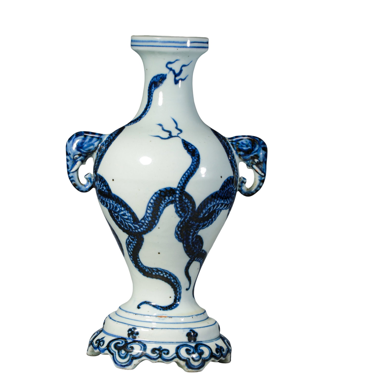 Blue and White Vase with Twin Snake Motifs, Elephant Handles and Ruyi Base, Qing Dynasty 19th: Measurements: Overall height 25.5cm(10.04in), Qing Dynasty 19th CenturyCondition & Provenance: The vessel is fully intact without cracks, missing glaze or restorations, with tight adhesion between por
