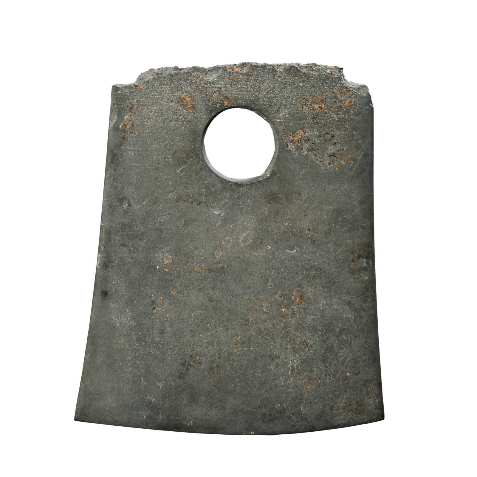 Liangzhu?Culture Stone Yue Axe: Dimensions:Height 22.5 cm (8.86 in),Width 18.9 cm (7.44 in),3300?2300 BCE?Condition & Provenance:The main body of the artifact remains intact.The top butt displays multiple ancient burial?related chip