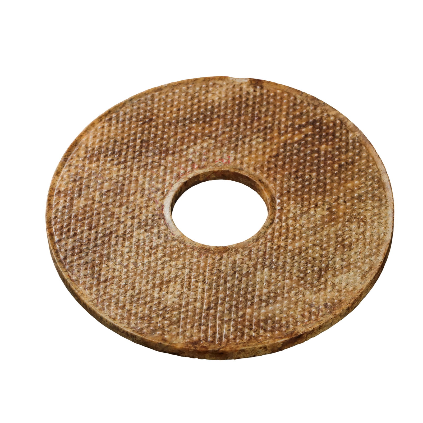 Warring States Hetian Jade Bi Disc Fully Decorated with Grain Patterns, Warring States Period: Measurements: Diameter 11cm(4.33in), weight 107g, Warring States Period 475-221 BCECondition & Provenance: The jade bi disc remains fully intact without large chips, penetrating cracks or major restor