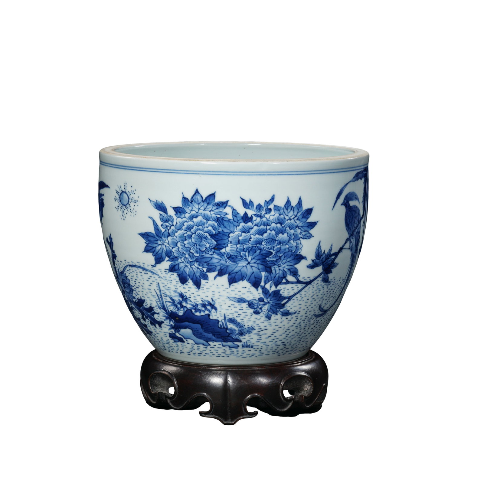 Ming Dynasty Chongzhen Period Blue and White Scroll Pot with Full?Figured Flower?and?Bird: Measurements: Mouth diameter 21.7cm(8.54in), pot body height 17cm(6.69in), total height including original hardwood stand 21.2cm(8.35in), Ming Dynasty 1368?1644 CECondition & Provenance: The porcelain