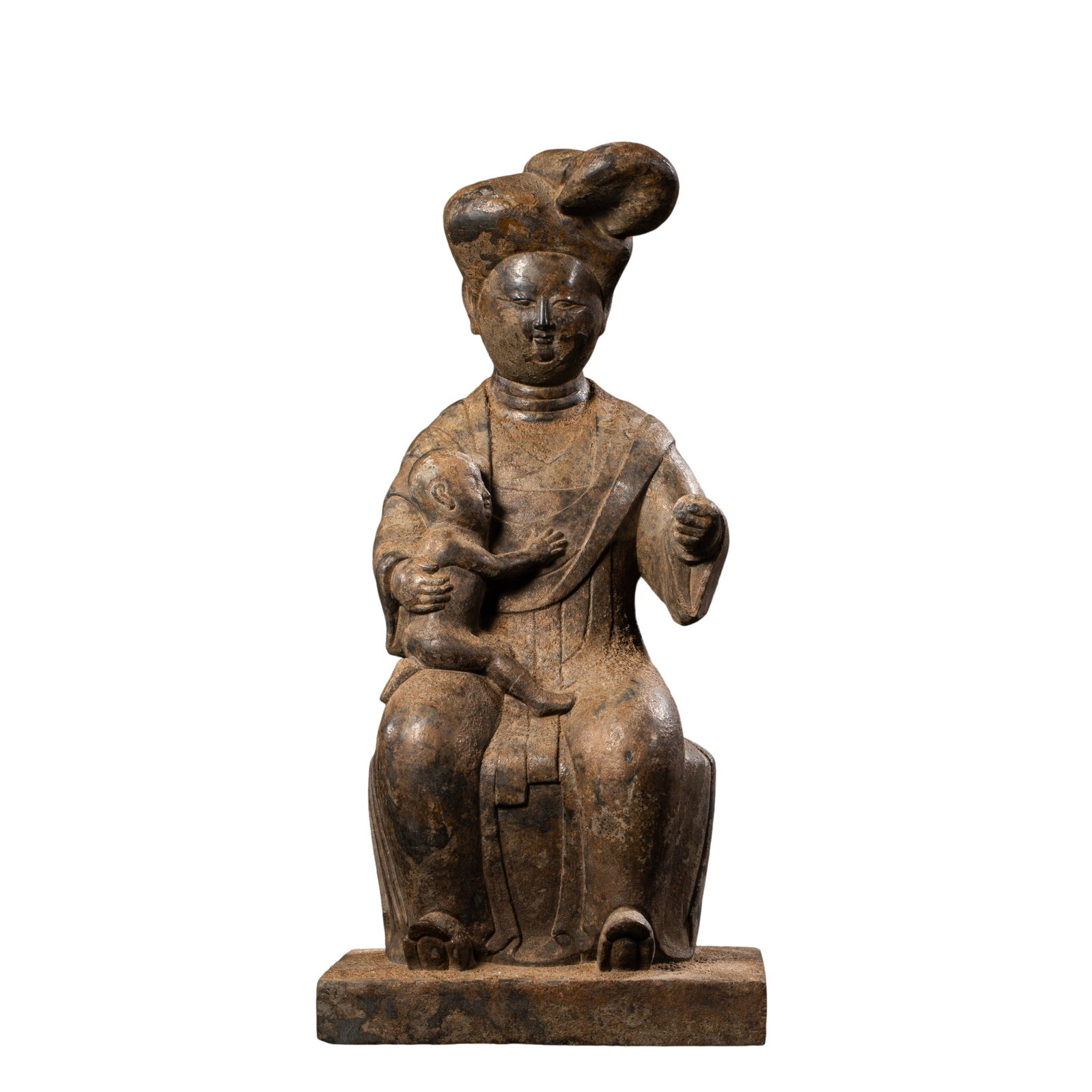 Tang?Dynasty Stone Seated Patron Figure Holding Infant: Dimensions:Overall Height 31.5 cm (12.40 in),Base Width 15.6 cm (6.14 in),Weight 6.15kg,7?10th Century?Condition & Provenance:The figure is carved integrally with its base and remains largely intact.T