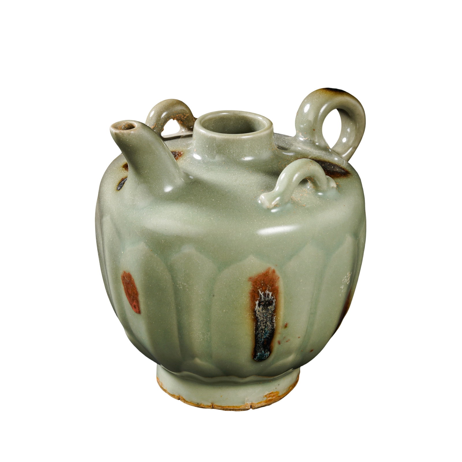 Song Dynasty (12thâ€“13th Century) Longquan Celadon Polychrome Lotus Petal Double-Handle Ewer: Dimensions: Height 12 cm (4.7 in, 0.39 ft), maximum body diameter 13 cm (5.1 in, 0.43 ft), 12th–13th Century, Song Dynasty, weight not providedCondition & Provenance: The piece is in complete condit