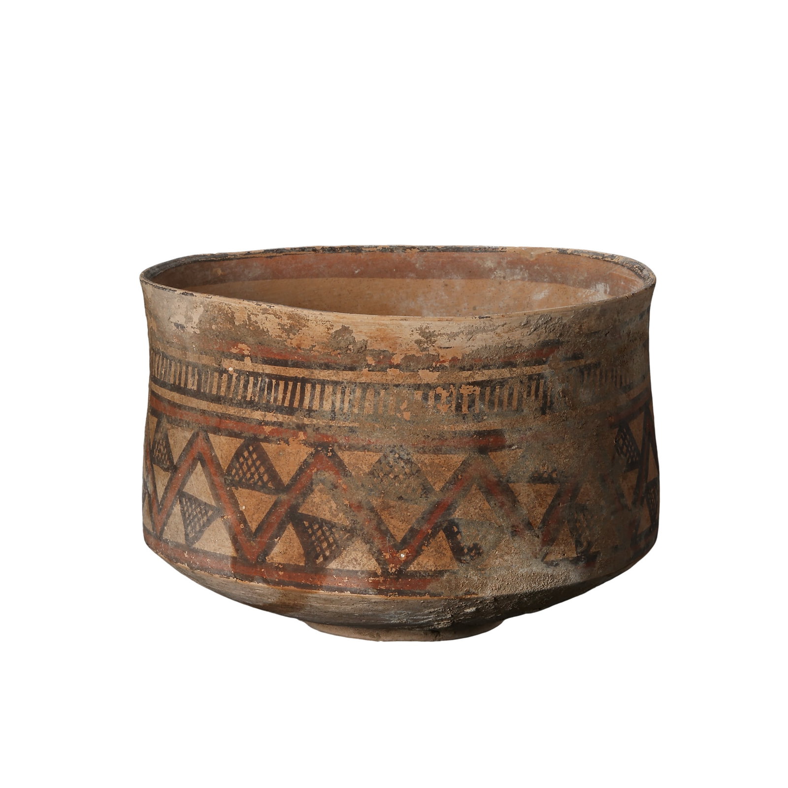 Neolithic Majiayao Culture Straight-Body Painted Pottery Bowl with Triangle Geometric Motifs,: Measurements: Rim diameter 13.5cm (5.31in), vessel height 9.5cm (3.74in), dating back approximately 5,000 years,condition & Provenance: The pottery is fully intact without penetrating cracks or bonded