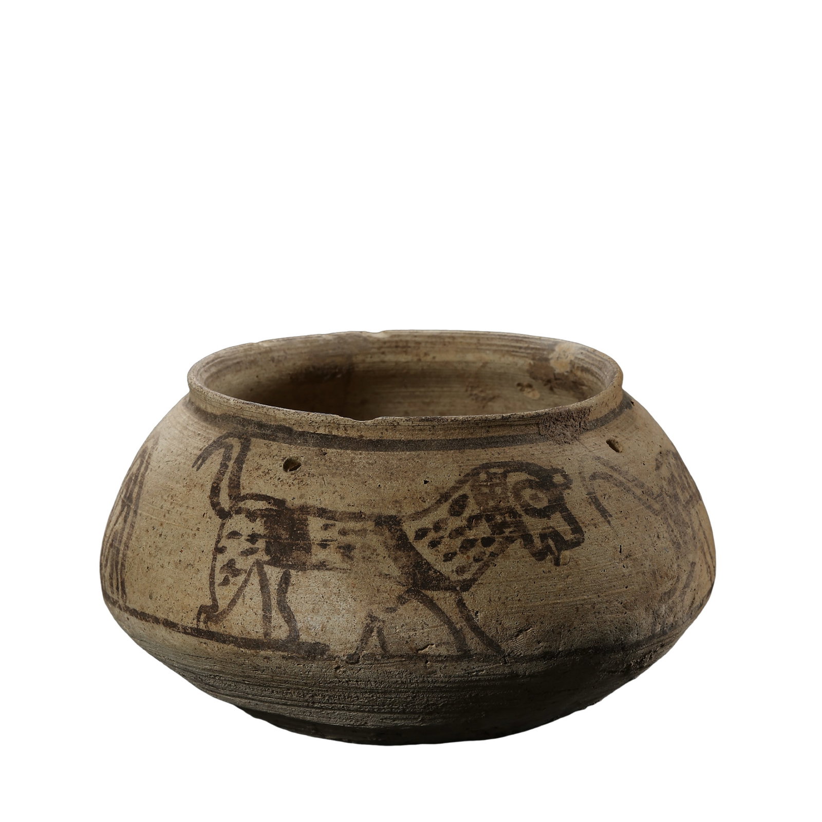 Neolithic Majiayao Culture Painted Pottery Jar With Beast Motif, Majiayao Culture 3300 BCE?2050: Measurements: Rim diameter 11.5cm (4.53in), vessel height 6.5cm (2.56in), Early?Middle 4th Millennium BCE to Early 2nd Millennium BCE Neolithic EraCondition & Provenance: The jar is fully intact witho