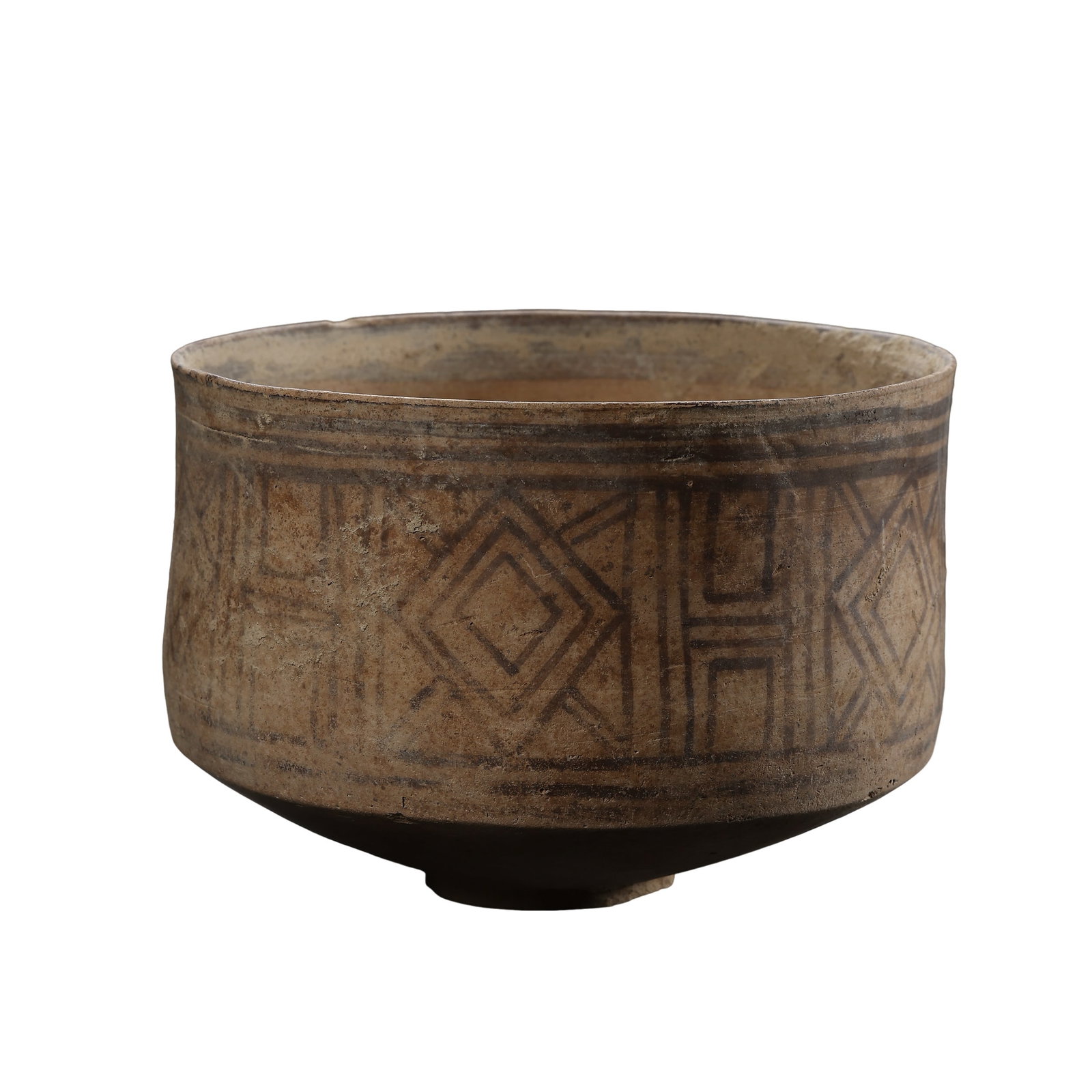 Neolithic Majiayao Culture Straight?Sided Painted Pottery Vessel With Interlocking?Square: Measurements: Rim diameter 9.8cm (3.86in), vessel height 7cm (2.76in), Early?Middle 4th Millennium BCE to Early 2nd Millennium BCE Neolithic EraCondition & Provenance: The vessel is fully intact witho