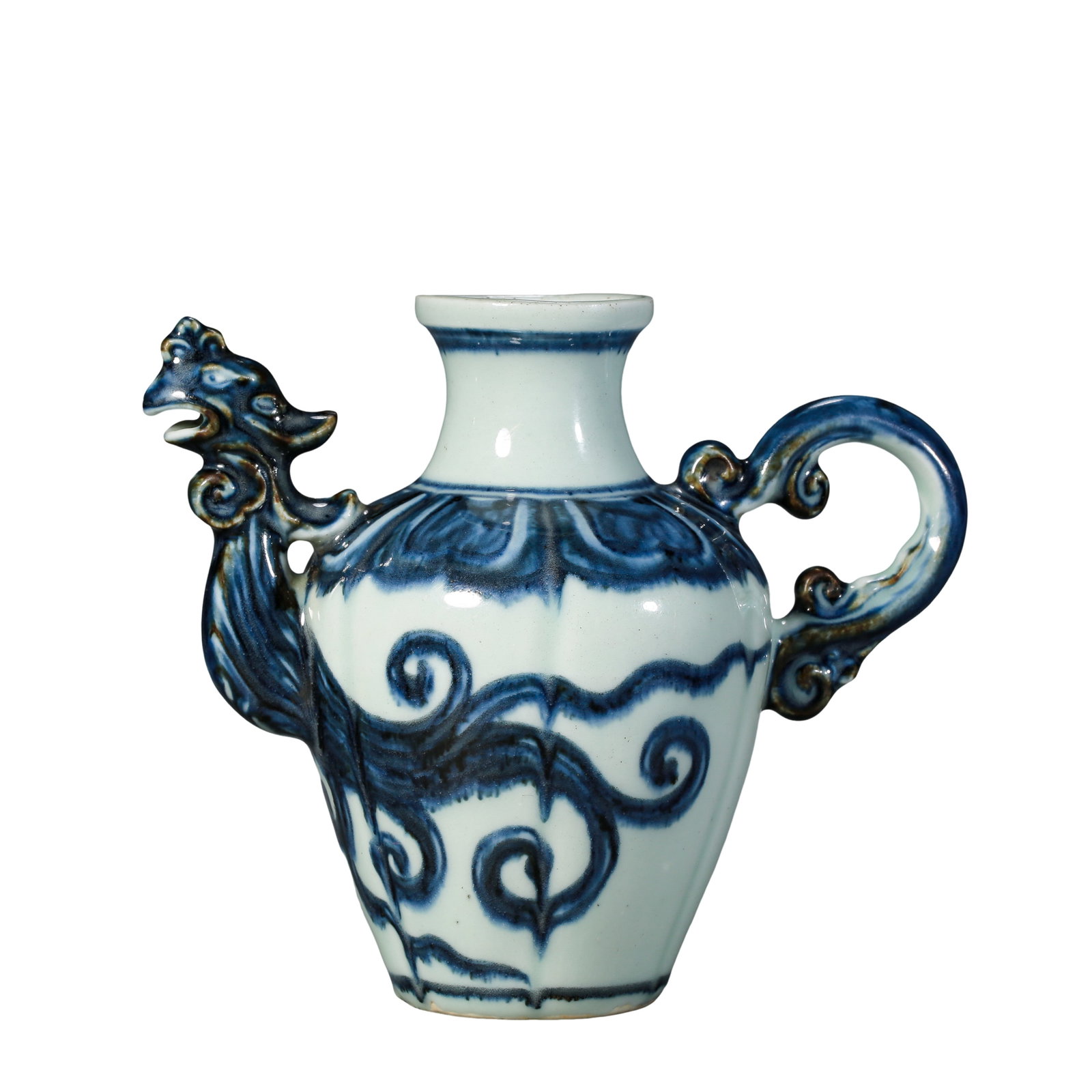Ming Dynasty Blue?and?White Melon?Shaped Ewer With Phoenix?Head Spout & Scroll Motifs, Ming: Measurements: Overall width 17cm (6.69in), overall height 14.5cm (5.71in), 14th?17th Century Ming PeriodCondition & Provenance: The ewer is complete throughout. The main body, phoenix?head spout and s