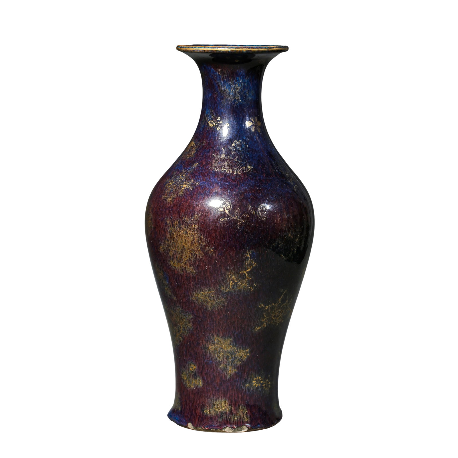 Qing Qianlong Flambe Glaze Vase With Gilded Floral Motifs, Qianlong Reign 18th Century Qing Dynasty: Measurements: Overall height 29.5cm (11.61in), 18th Century Qianlong Imperial Porcelain of Qing DynastCondition & Provenance: The vase is fully intact without penetrating cracks or large chips, only f