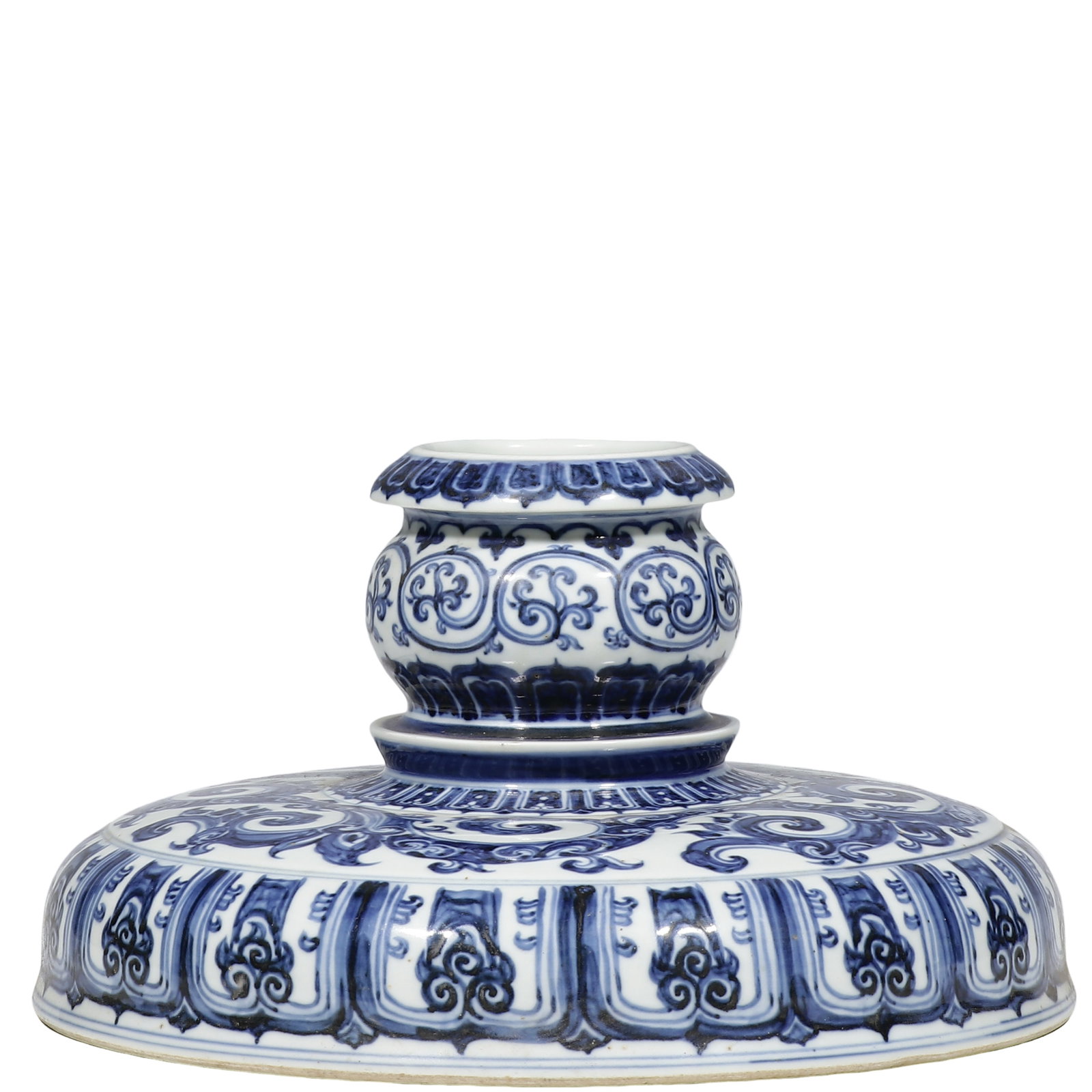 Xuande Period, Ming Dynasty Blue and White Imperial Scrollwork Ritual Stand: Dimensions: Height 20 cm (7.87 in); Diameter 32 cm (12.60 in); 15th CenturyCondition & Provenance: Preserved in excellent overall condition with a stable, naturally aged surface and an attractive glos