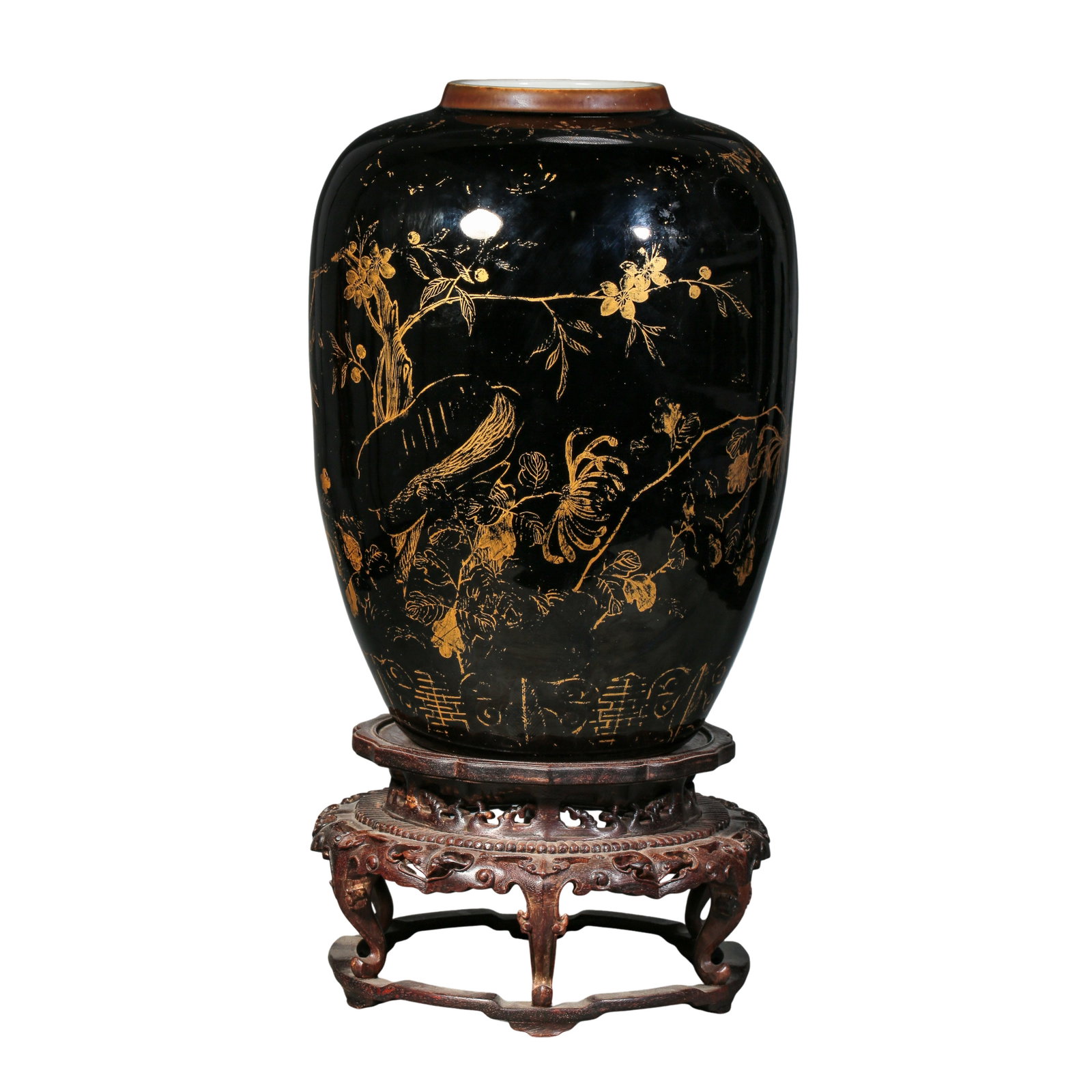 Qing Kangxi Black Gold Glaze Melon Jar With Gilded Flower,Bird and Shou Character Motifs, Kangxi (1 of 11)