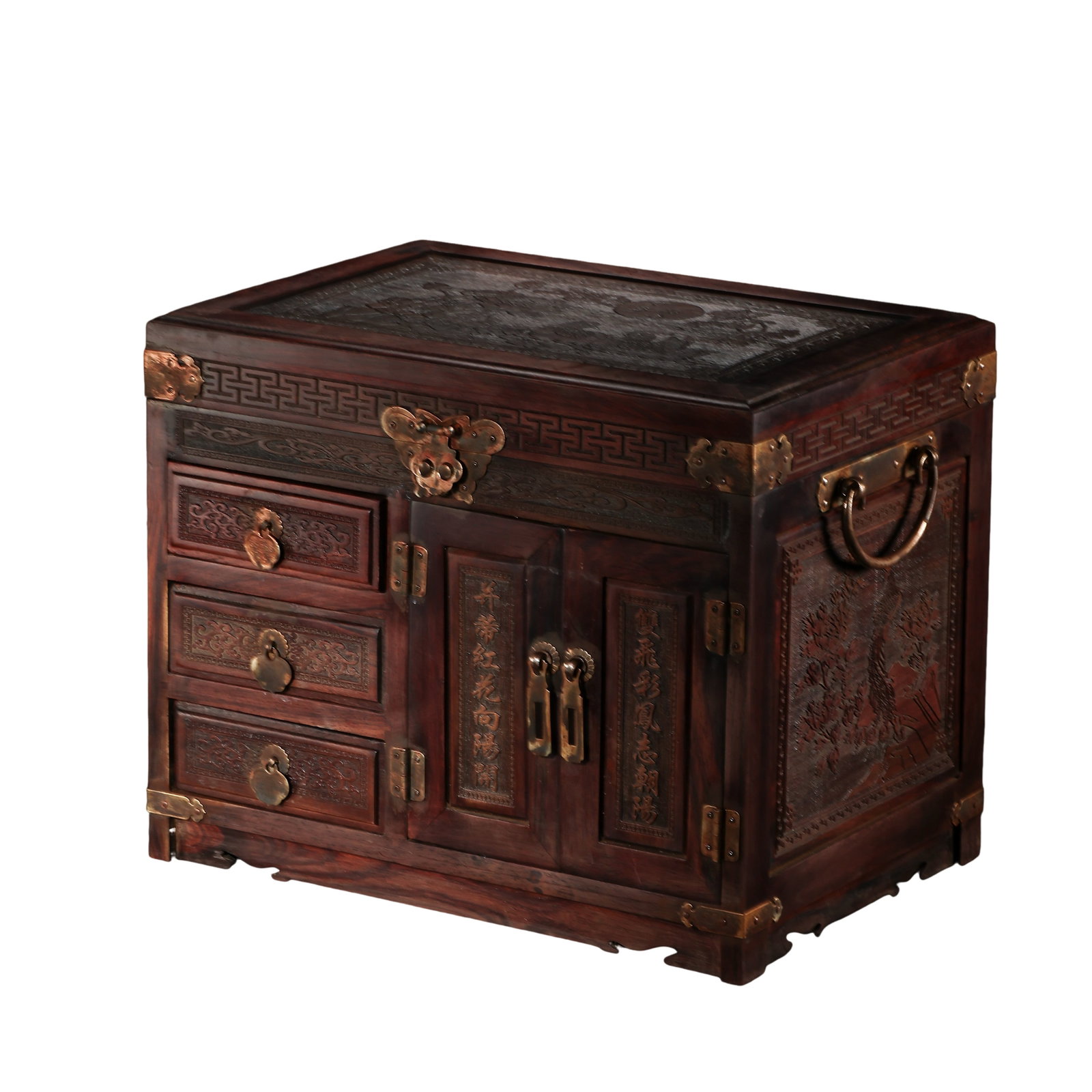 Carved Red Wood Mirror Jewelry Chest with Matching Jadeite, Serpentine and Lacquer Ornament Set,: Measurements: No labeled dimensions for the wooden chest; Serpentine cabbage carving length 11.5cm (4.53in), weight 489g; Floral green jadeite bangle outer diameter 8.3cm (3.27in), weight 95g; Ice-typ