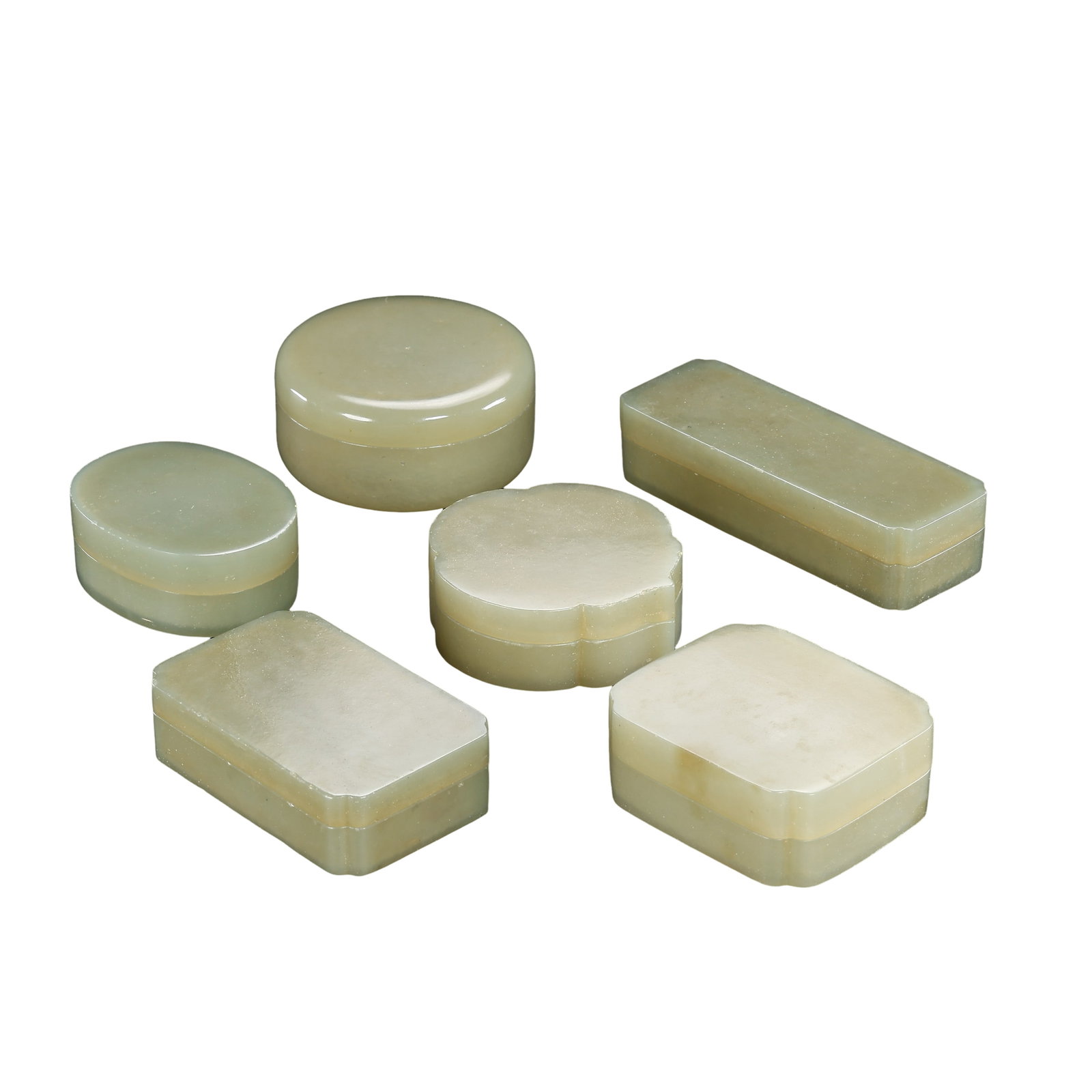 Group of Six Hetian Jade Lidded Boxes, Qing Dynasty, 18th?19th Century Assorted Ming?Qing Hetian: Measurements: Long rectangular box length 8cm (3.15 inches), square box width 5.2cm (2.05 inches), height for each piece 2cm (0.79 inches), total weight 199g, 18th?19th century complete set of Qing?er