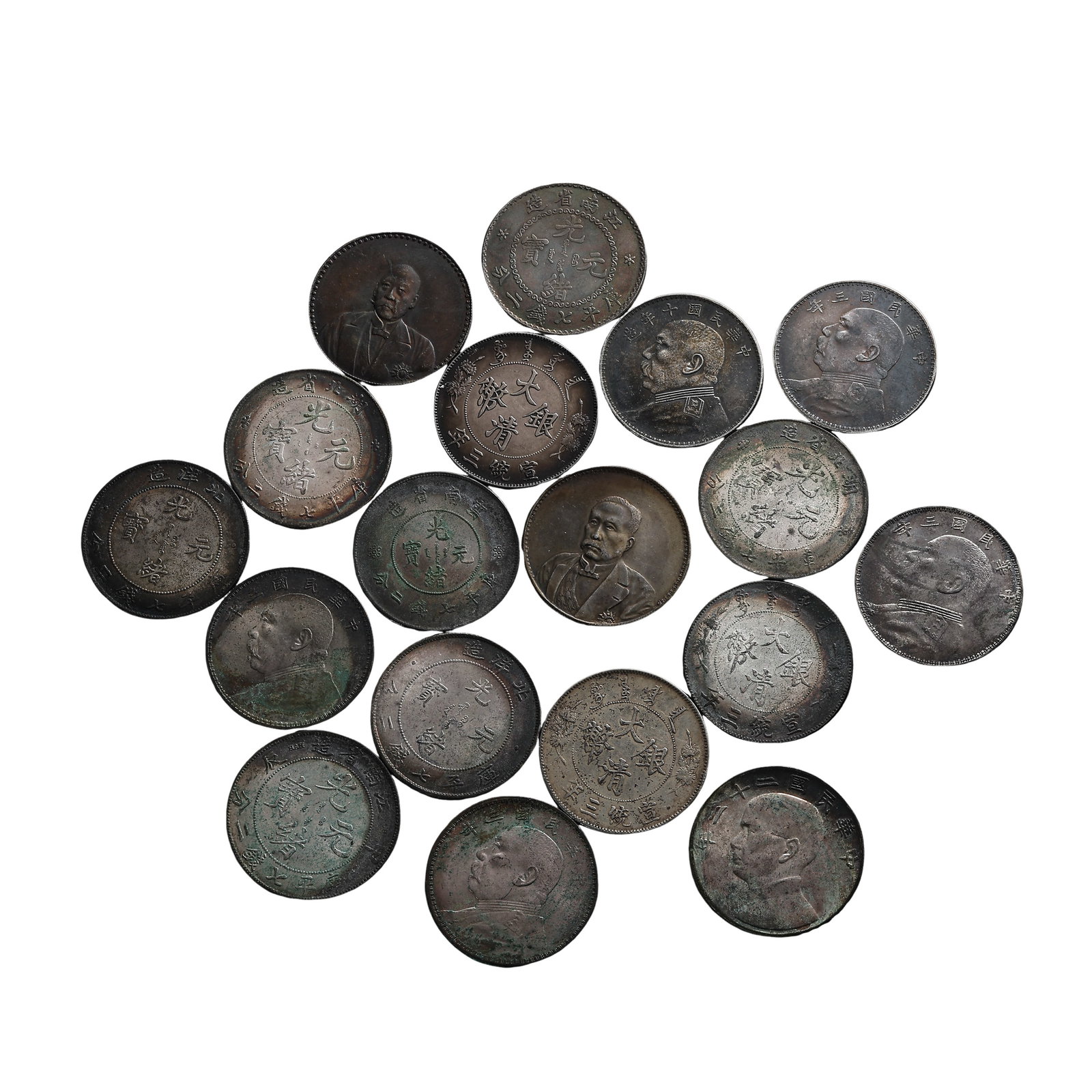 Group of Seventeen Machine-Struck Silver Dollars from Qing to Republic of China, 19th-20th Century: Measurements: Single coin diameter 3.7cm (1.46 inches), total weight of the complete group 482.9g, 19th century late Qing to 20th century Republic of China full set of machine-struck silver