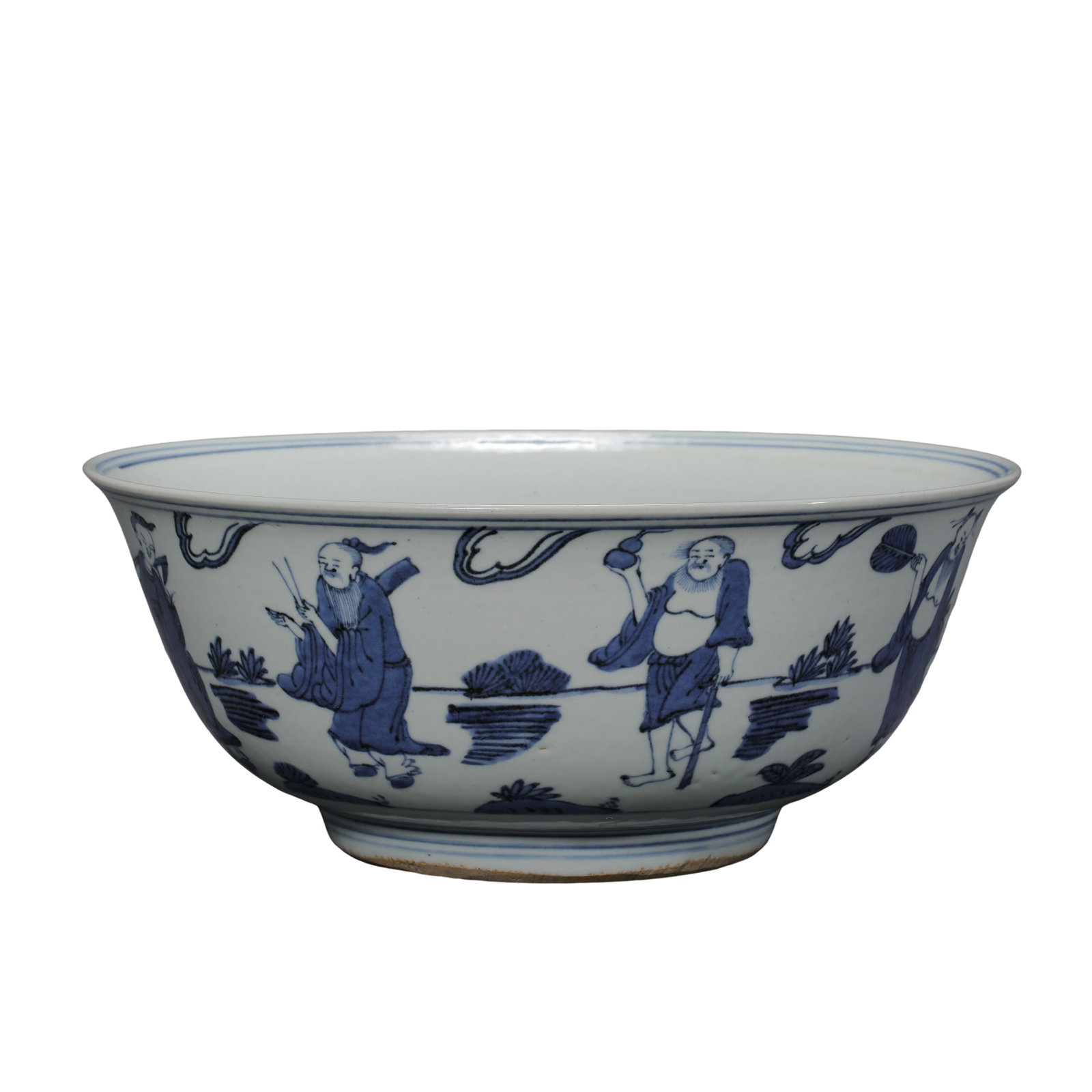 Large Blue and White Bowl with Eight Immortals Birthday Motif, Jiajing Period Ming Dynasty, 16th: Measurements: Rim diameter 28.5cm (11.22 inches), overall height 12cm (4.72 inches), 16th century Ming Jiajing marked imperial blue and white large bowl with narrative figural paintingCondition &