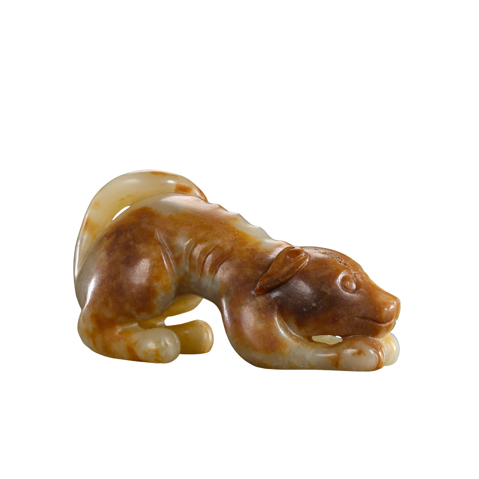 Hetian Jade Recumbent Dog Hand Piece with Natural Russet Inclusions, Ming Dynasty, 14th-17th Century: Measurements: Overall length 6.5cm (2.56 inches), total height 3.5cm (1.38 inches), full weight 56.2g, 14th to 17th century fully carved Ming Hetian jade dog desk ornamentCondition & Provenance: Carve
