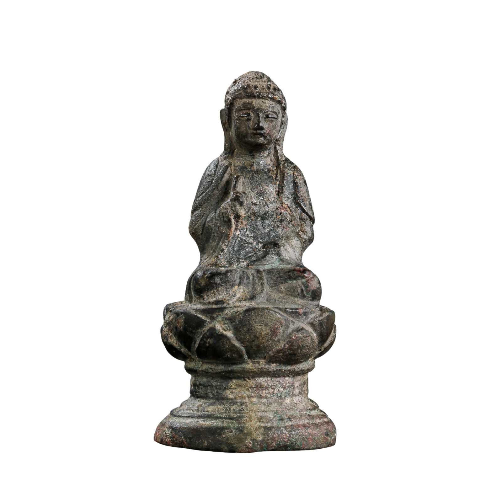 Liao?Jin Period Bronze Seated Shakyamuni Buddha Statue: Dimensions:Overall Height 9 cm (3.54 in),Shoulder Width 4.5 cm (1.77 in),Weight 126g,10?13th Century?Condition & Provenance:The Buddha figure and lotus pedestal are integrally cast and fully intact wi