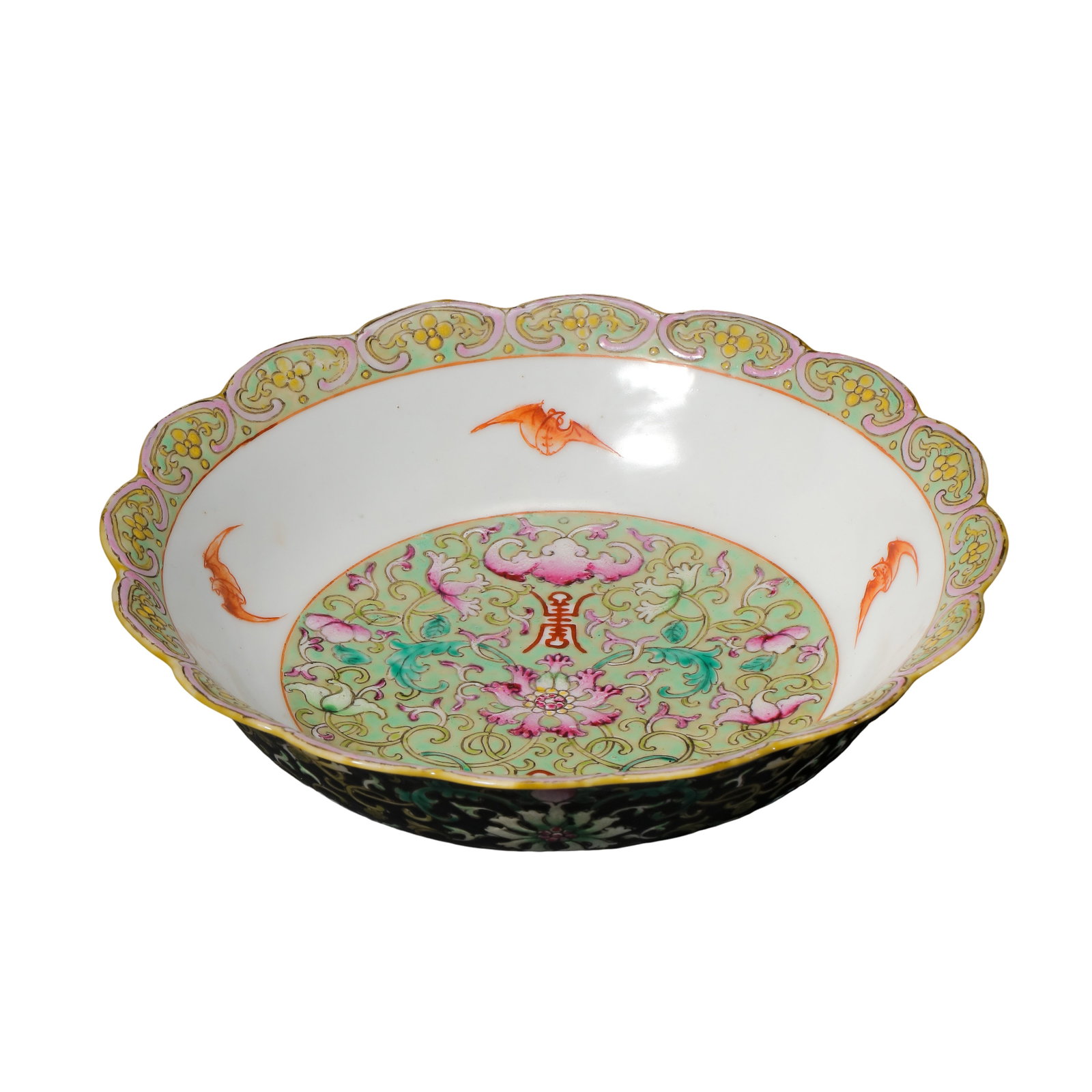 Famille Rose Foliate?Rim Bowl with Fortune?Longevity Scrolls on Black Ground, Jiaqing Period: Measurements: Rim diameter 19cm (7.48 inches), overall height 5.5cm (2.17 inches), 19th century Jiaqing marked imperial famille rose foliate?rim bowl with black groundCondition & Provenance: This Jiaq