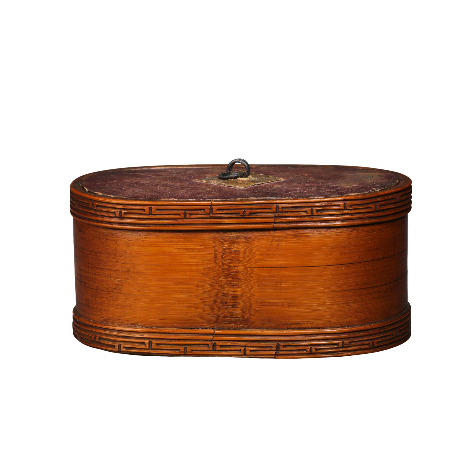 Recessed Hui-Wave Pattern Oval Bamboo Scholar Storage Box, Qing Dynasty, 19th Century Chinese Carved: Measurements: Length 15cm (5.91 inches), height 7cm (2.76 inches), net weight 172g, 19th century Qing carved bamboo oval scholar box with interlocking hui border motifsCondition & Provenance: The box 
