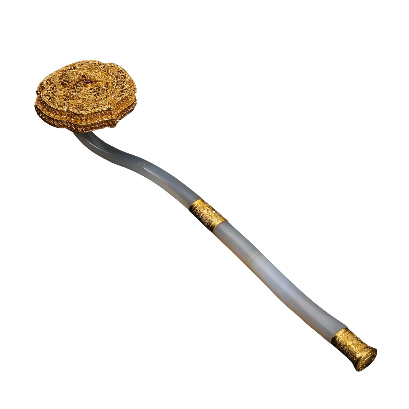 Silver Gilt Granulation Filigree Dragon Pearl Ruyi Scepter Inlaid Ruby with White Agate Handle, Qing: Measurements: Overall length 28.5cm (11.22 inches), total weight 107g, 17th–19th century Qing Dynasty silver gilt granulation filigree gem-set agate ruyi scepterCondition & Provenance: The curved ha