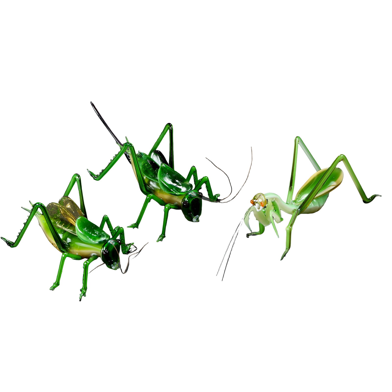 Hand Blown Glass Cicada & Mantis Ornament Set, Modern Era,20th-21st Century Handcrafted Glass Insect: Measurements: Single cricket length 8.7cm (3.43 inches), mantis height 7.5cm (2.95 inches), total weight of the set 53g, 20th–21st century hand-blown glass bionic insect ornamentsCondition & Provena