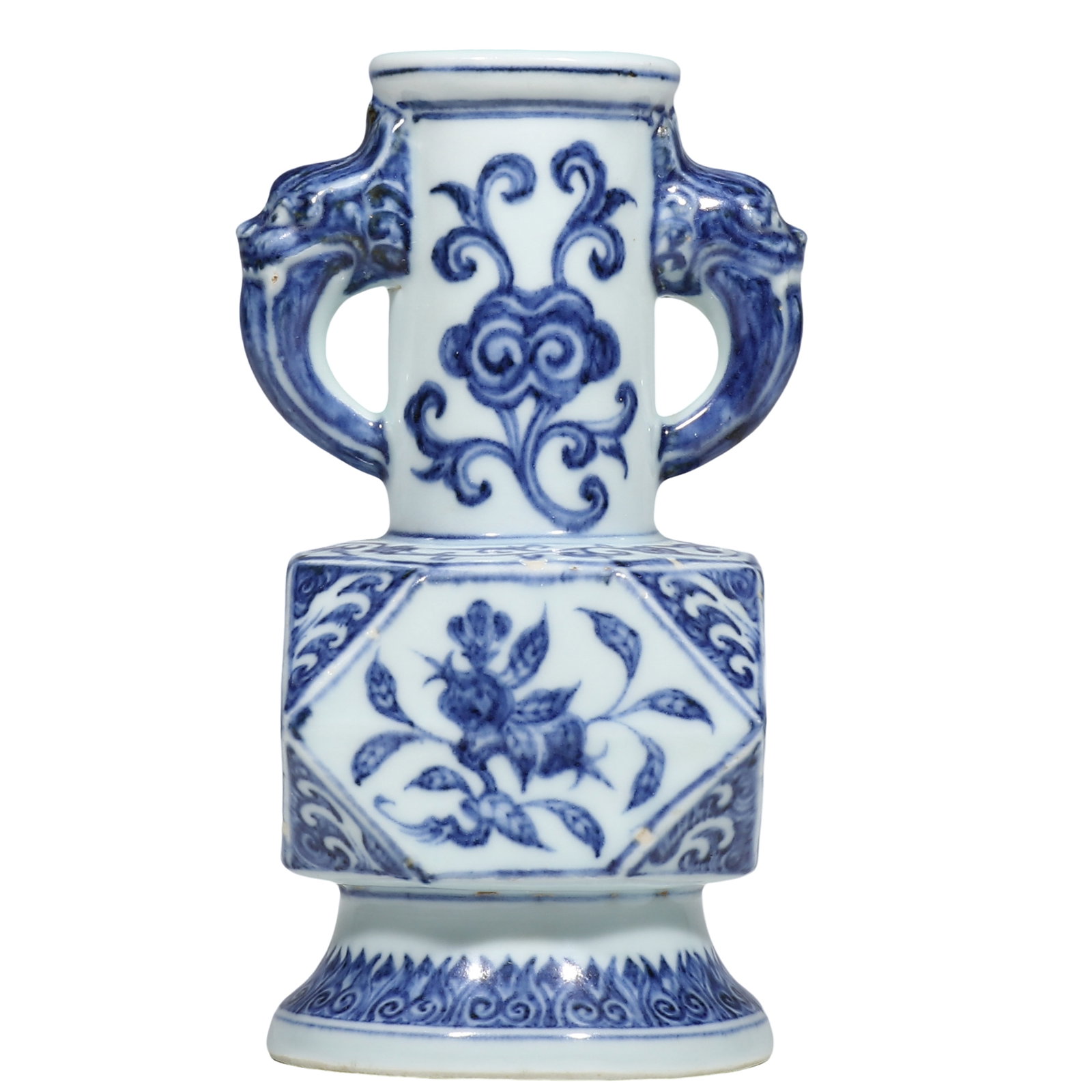 Ming Yongle Blue?and?White Square Vase with Beast?Handles and Fruit Sprig Motifs, Yongle (1 of 6)
