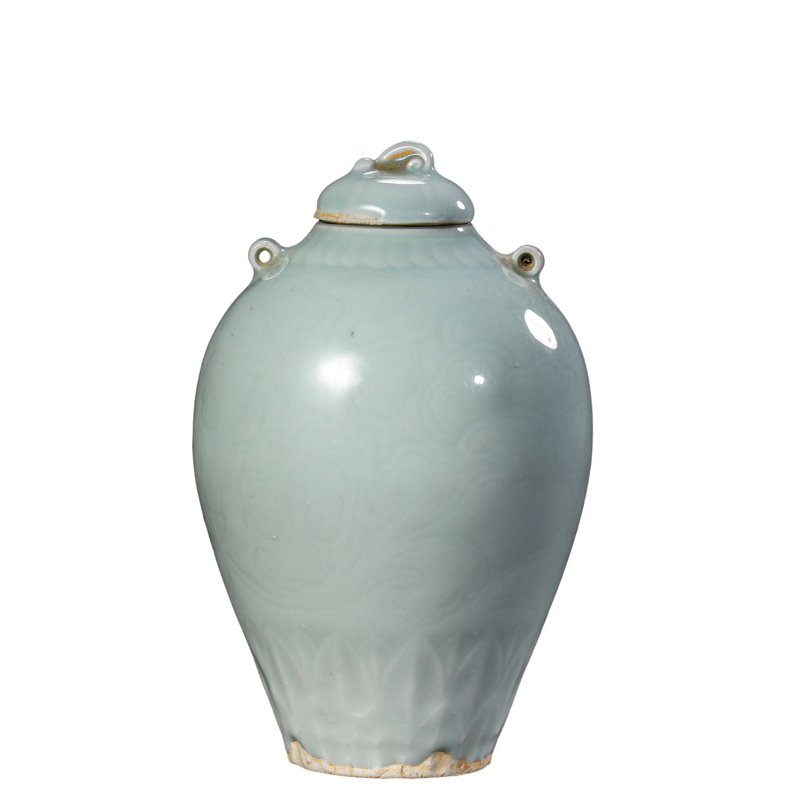 Song Dynasty Hutian Kiln Yingqing Glazed Carved Floral Jar with Double Loops and Cover, 12th?13th: Dimensions: Height 15 cm (5.91 in)Condition & Provenance: Great overall condition. Original lid and jar are a matched set. Minor age?related nicks and burial earth deposits visible at rim and base. No