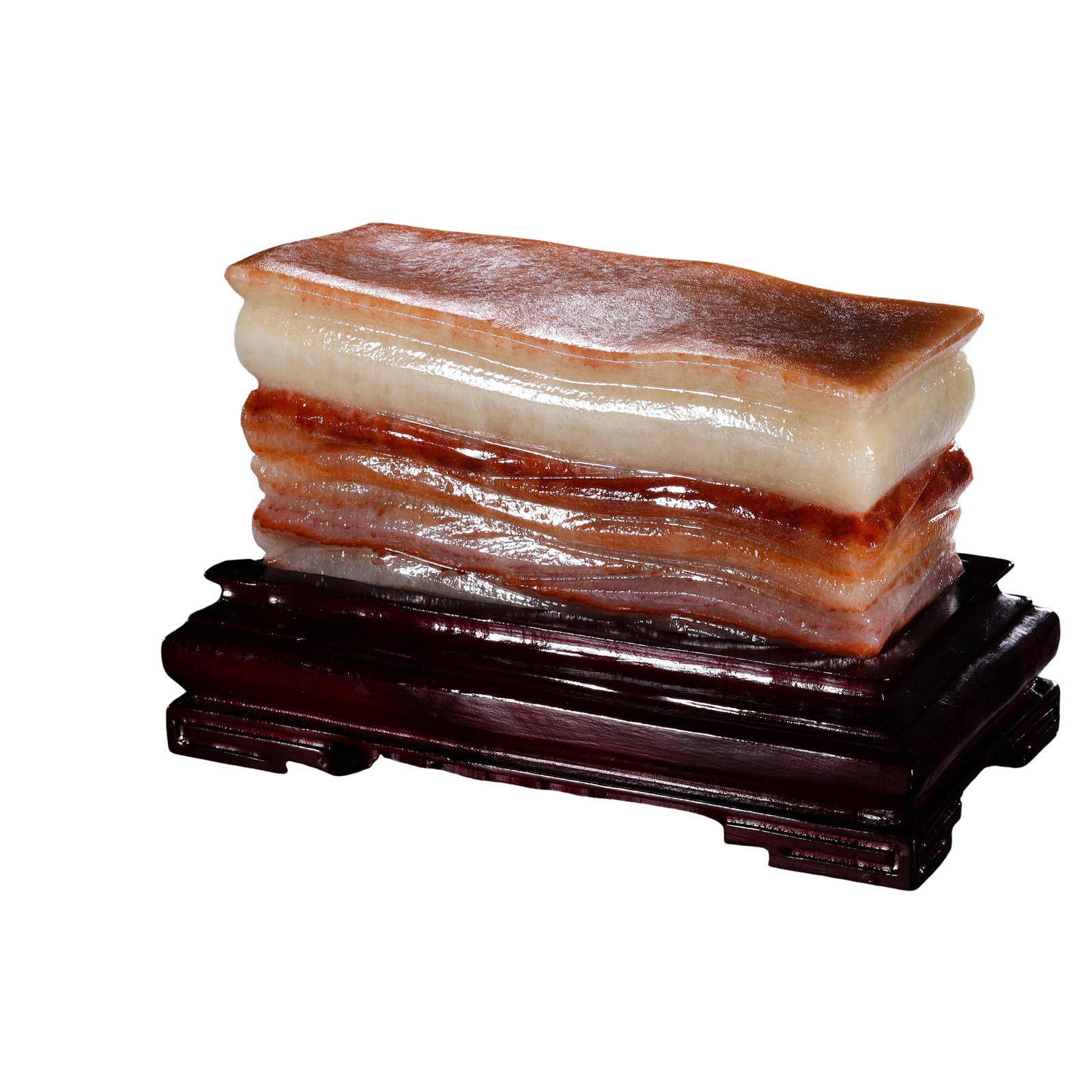 Qing Dynasty Natural Pork?Belly?Form Scholar’s Display Stone,17th?19th Century: Dimensions: Height 14 cm (5.51 in), length 24.5 cm (9.65 in), weight 2.54 kg, with original open?work carved rosewood standCondition & Provenance: The natural stone is entirely whole, no chips, no hid