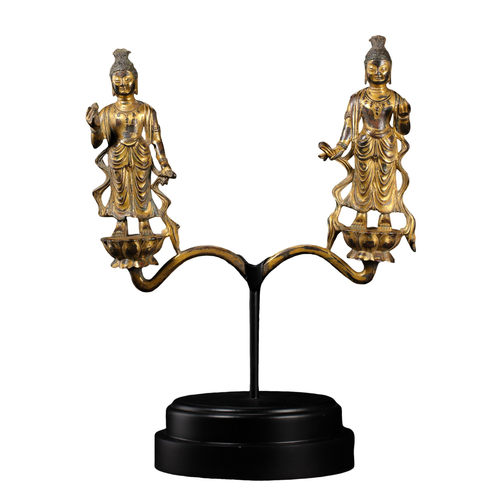 Northern Wei Dynasty Gilt?Bronze Dual Bodhisattva Lotus?Branch Group Sculpture,5th?6th Century: Dimensions: Overall height 37 cm (14.57 in), distance between two bodhisattvas 28 cm (11.02 in), each bodhisattva height 21 cm (8.27 in). Modern display stand excluded from antique object measurement.