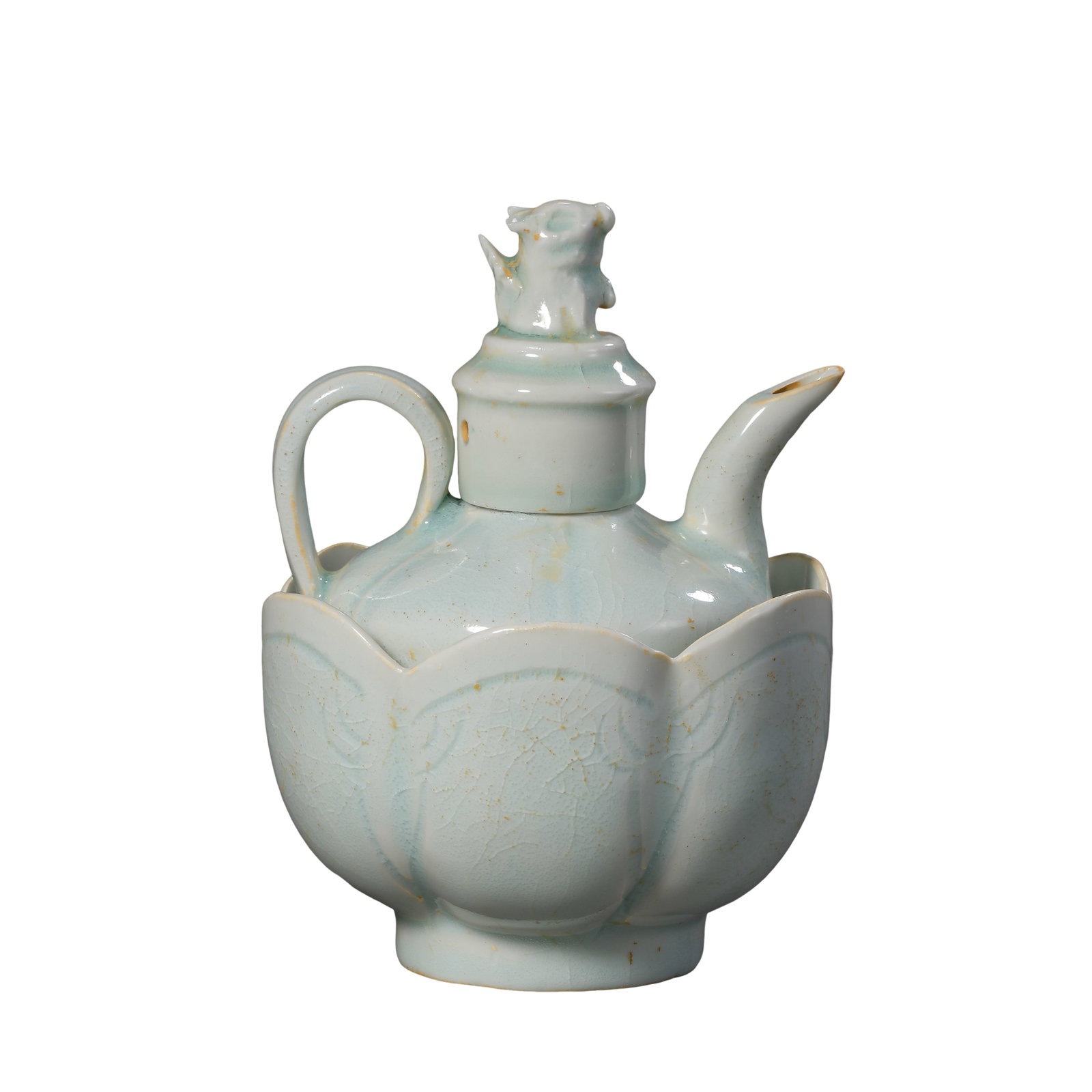 Hutian Kiln Qingbai Glazed Wine Warmer Ewer Set With Mythical Beast Finial, Song Dynasty,10th-13th: Measurements: Overall height of full set 13.5cm (5.31 inches), 10th-13th century Song Dynasty Hutian Kiln Qingbai porcelain wine warmer set; The ewer is formed into six melon lobes, matched with a lot