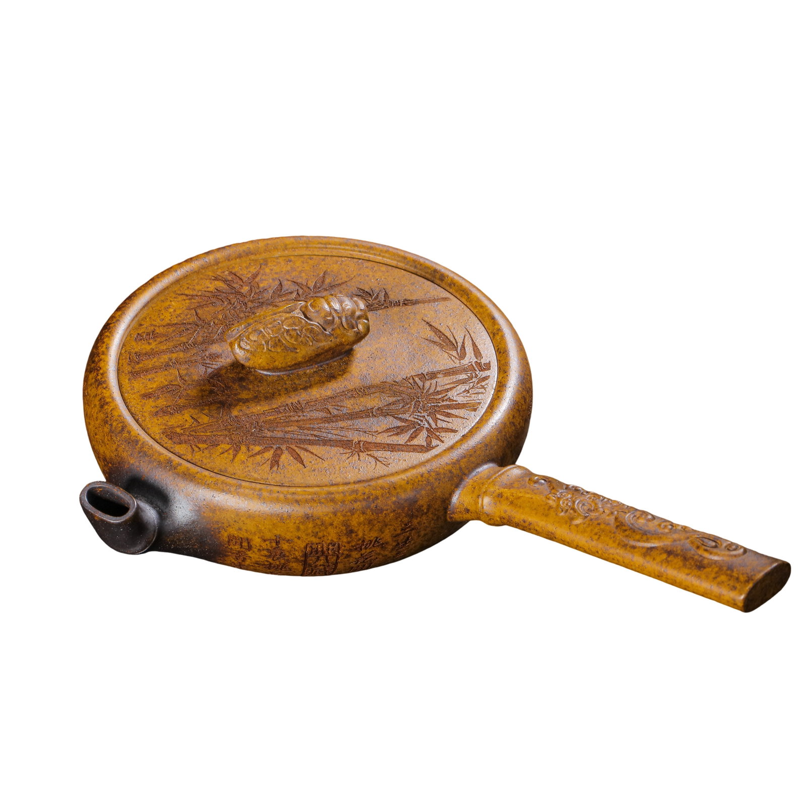 Antique Bronze Clay Cicada Knob Bamboo Pattern Side Handle Flat Zisha Teapot, Contemporary (1 of 12)