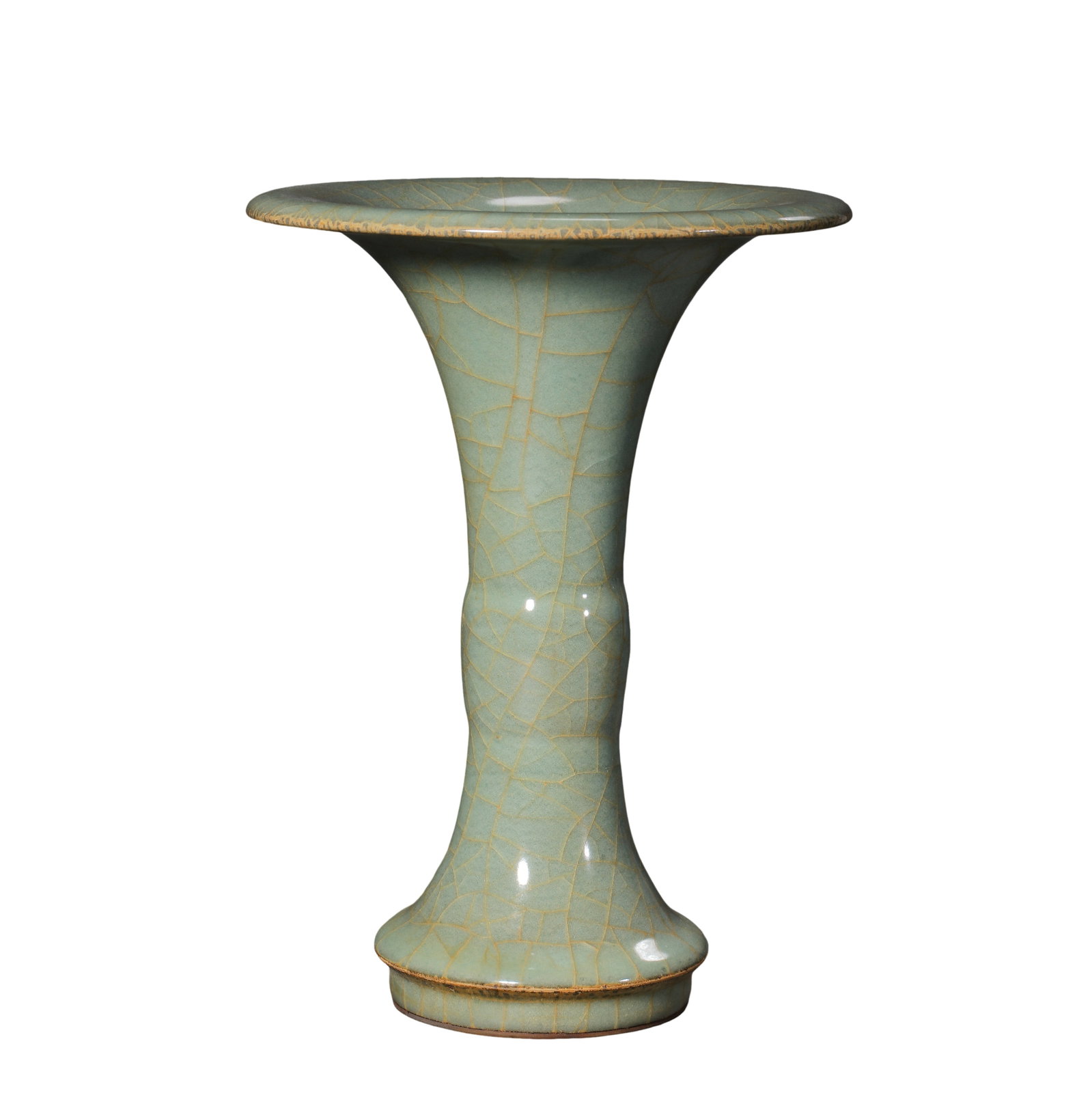Longquan Kiln Celadon Crackle Gu?Shaped Vase, Song Dynasty: Measurements: Rim diameter 14.5cm (5.71 inches), overall height 19.8cm (7.80 inches), 12th?13th century Song?dynasty Longquan display porcelainCondition & Provenance: The entire vase is covered with t