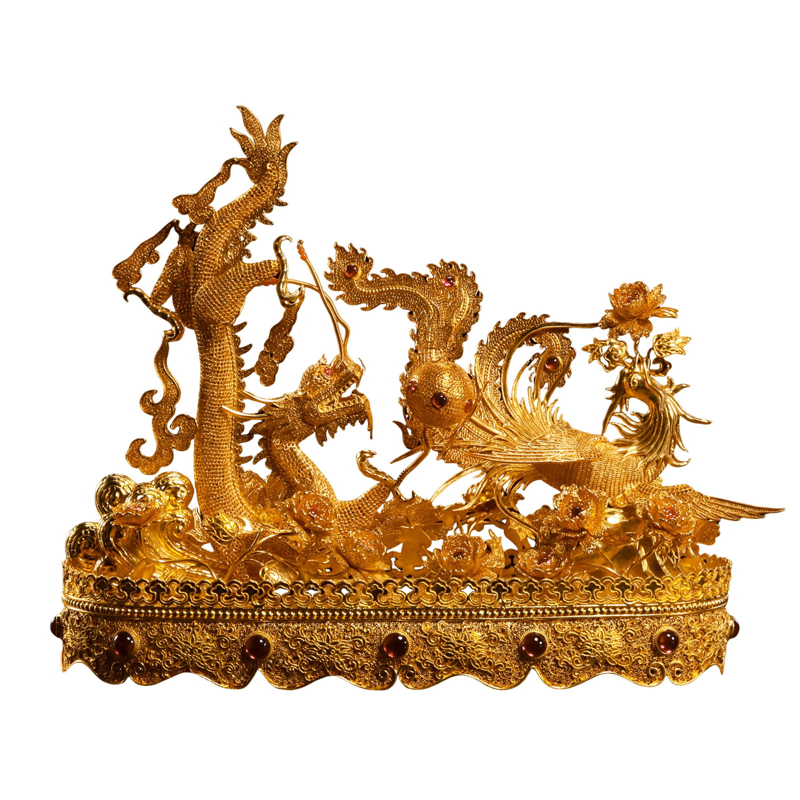 Solid Gold Filigree Phoenix-Dragon Peony Crown Inlaid with Ruby, Qing Dynasty: Measurements: Length 19.6cm (7.72 inches), height 17.5cm (6.89 inches), weight 350g, 17th?19th century Qing dynasty imperial gold filigree jewelryCondition & Provenance: The entire golden crown is cra