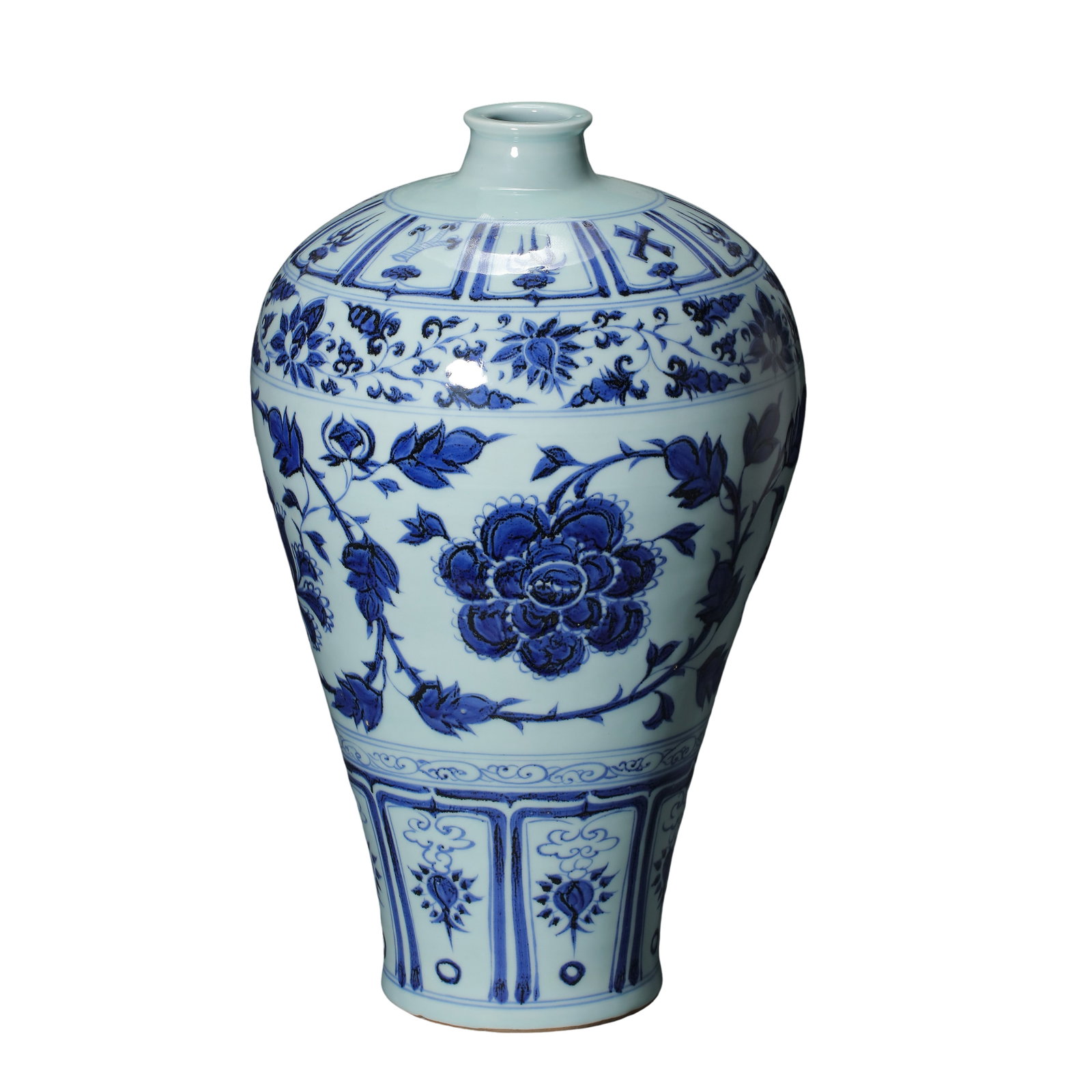 Large Yuan Blue and White Meiping Vase with Interlocking Peony and Eight Treasures Motifs, Yuan: Measurements: Overall height 44cm (17.32 inches), 13th?14th century official Jingdezhen blue and white display meipingCondition & Provenance: The vase is fully intact with no cracks, chips, glaze flak