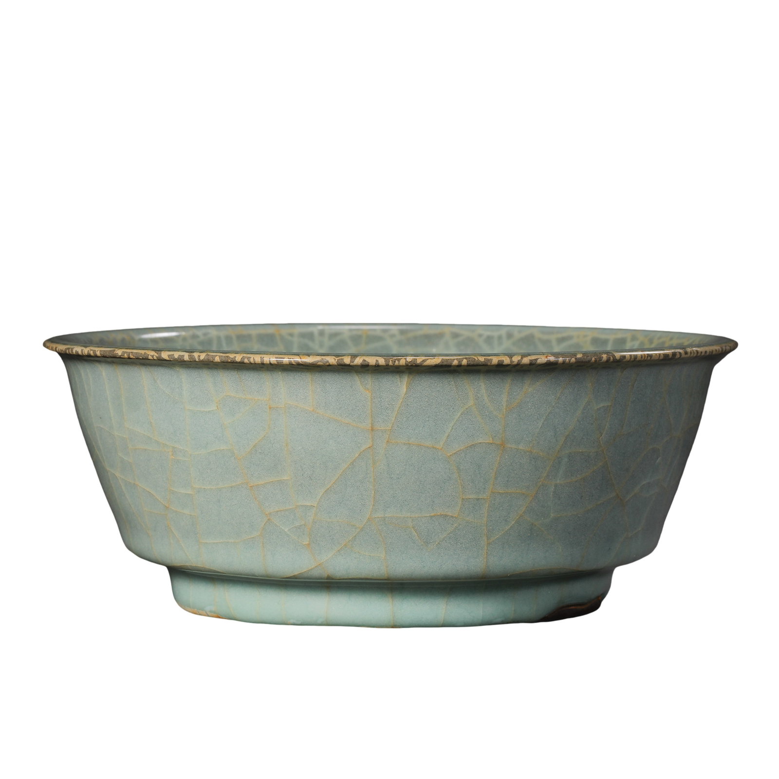 Imperial Guan-Ware Pale Celadon Deep Basin Washer, Southern Song Dynasty: Measurements: Rim diameter 18.5cm (7.28 inches), height 7.2cm (2.83 inches), 12th-13th century Southern Song imperial Guan-Ware pale celadon literati deep basin washerCondition & Provenance: The basin
