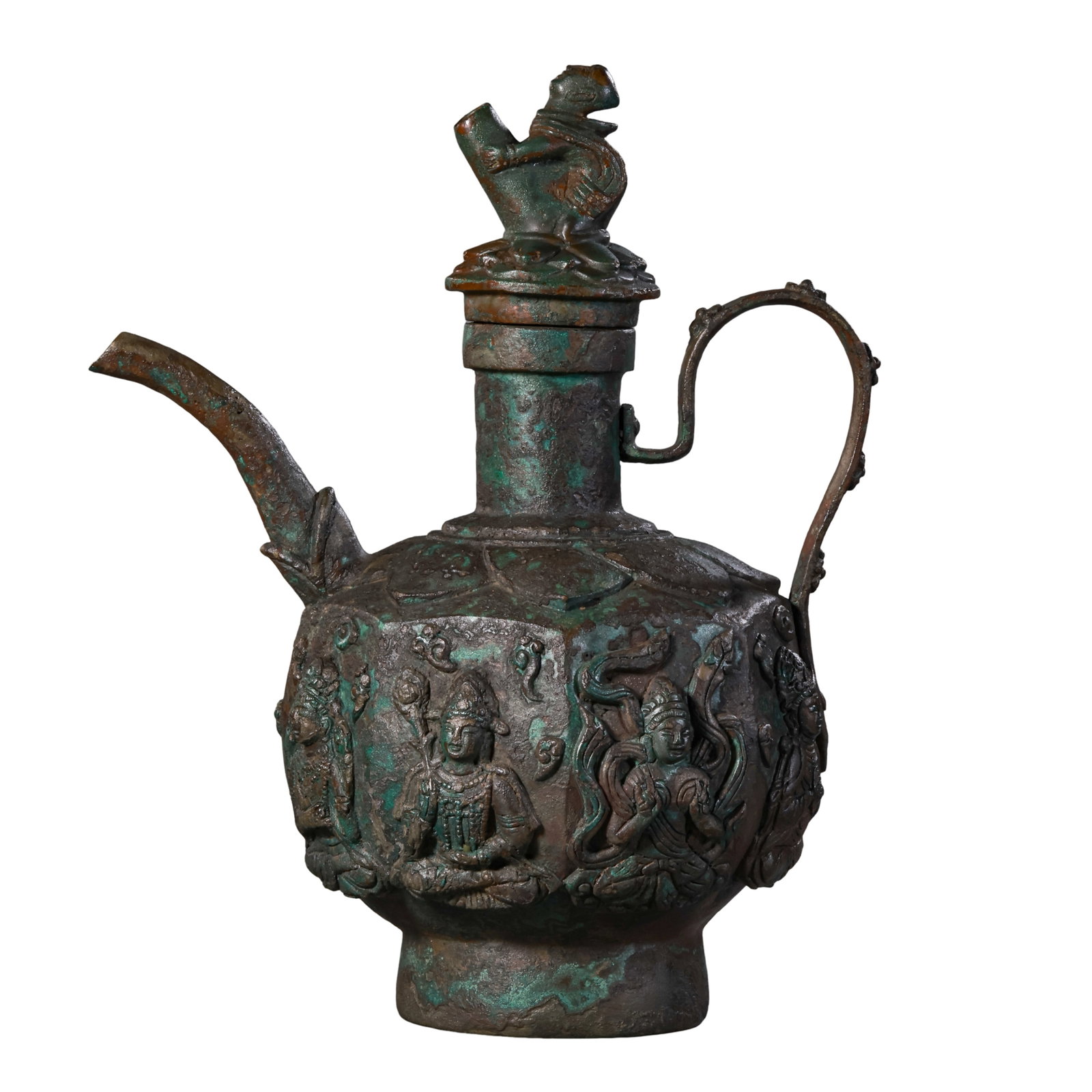 Bronze Ewer With Relief Bodhisattva Carvings & Foreigner Figural Lid, Liao-Jin Dynasty: Measurements: Overall height 27.2cm (10.71 inches), lid height 21.2cm (8.35 inches), weight 2380g, 10th–13th century Liao-Jin Buddhist ritual bronze offering ewerCondition & Provenance: The entire v