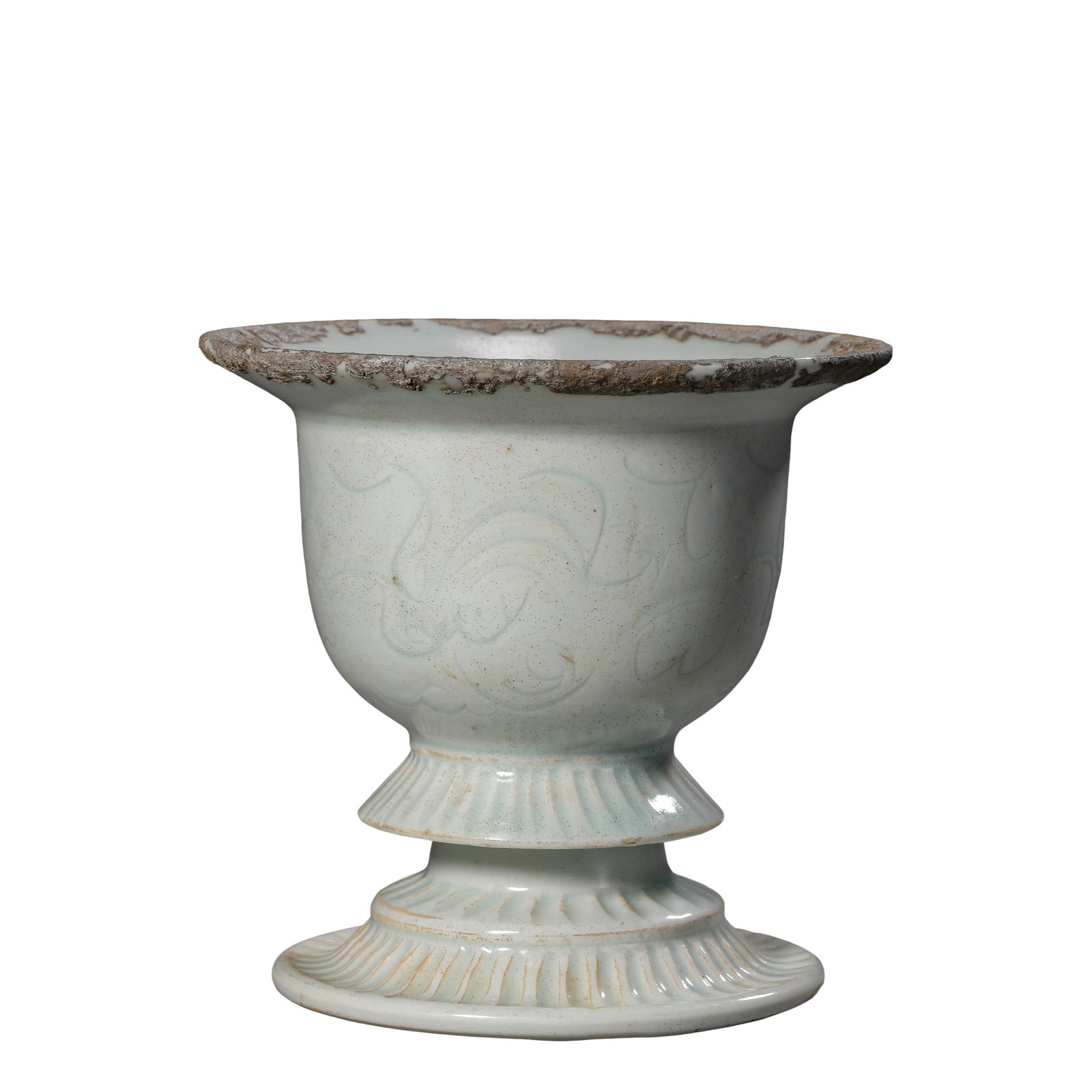 Yingqing Glazed Stem Censer With Incised Interlocking Floral Motifs, Song?Yuan Dynasty: Measurements: Rim diameter 10.8cm (4.25 inches), overall height 10.5cm (4.13 inches), 10th?14th century Yingqing glazed incense burner from Hutian?type Jingdezhen kiln of Song?Yuan periodCondition & P