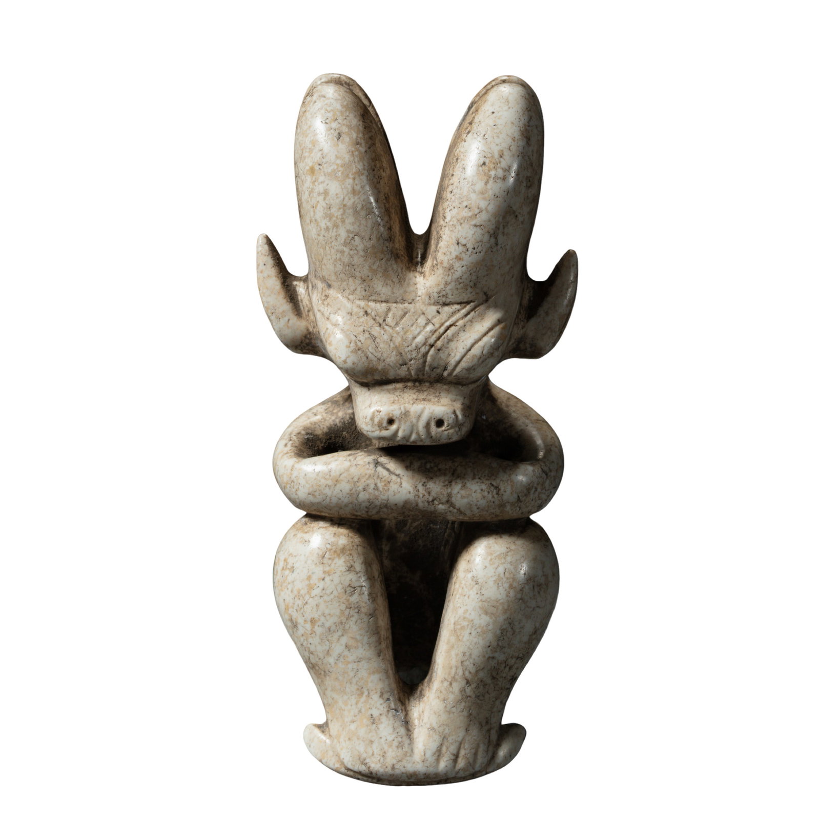 Neolithic Hongshan Culture, Chicken?Bone?White Sun God Figurine: Dimensions: Height 18.2 cm (7 1/8 in), 4000?3000 BCE?Condition & Provenance: Fully intact, naturally aged burial patina with rich encrustation, excellent preservation; Private Collection, New York Sta