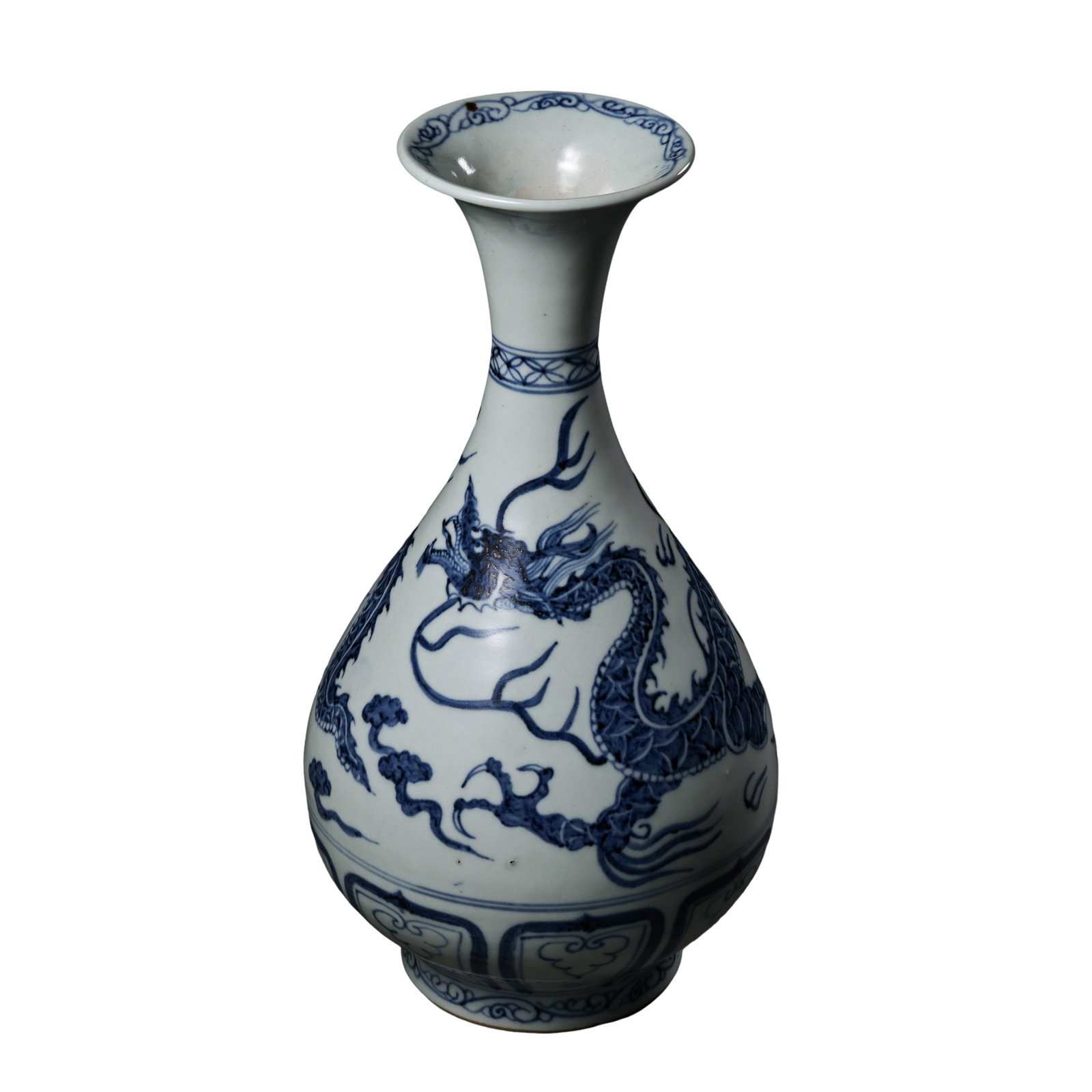 Yuan Blue and White Dragon Pattern Yuhuchun Pear Vase, Yuan Dynasty: Measurements: Overall height 30cm (11.81 inches), 13th–14th century Yuan Dynasty blue and white display pear vaseCondition & Provenance: The vase is fully intact without cracks, chips or restoration