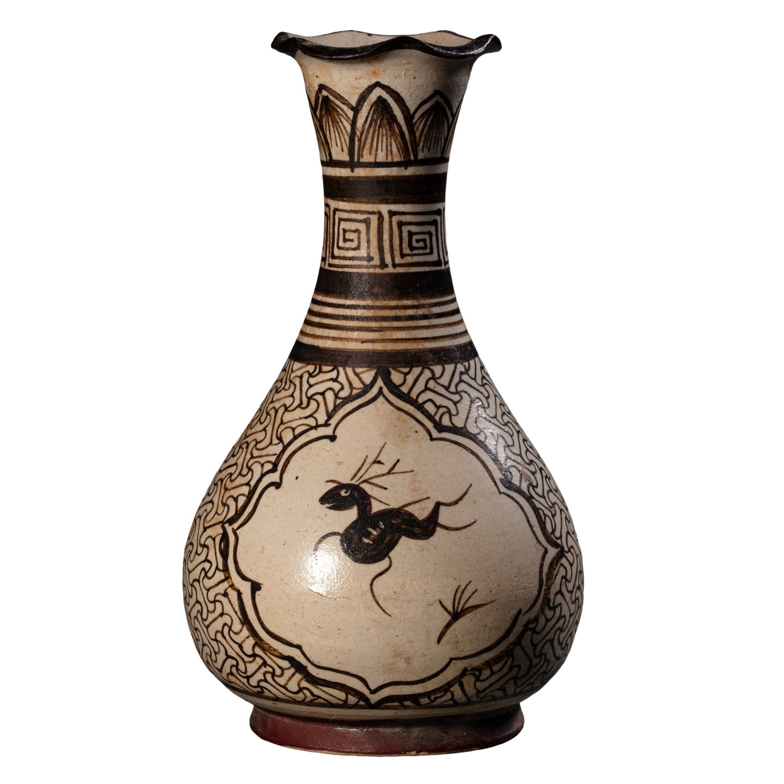 Cizhou Kiln White Ground Black Painted Fallow Deer Floral Rim Yuhuchun Vase, Song Dynasty: Measurements: Overall height 15.5cm (6.10 inches), 10th–13th century Song Dynasty Cizhou painted ceramic display vaseCondition & Provenance: The vessel is entirely intact with no cracks, chips or re