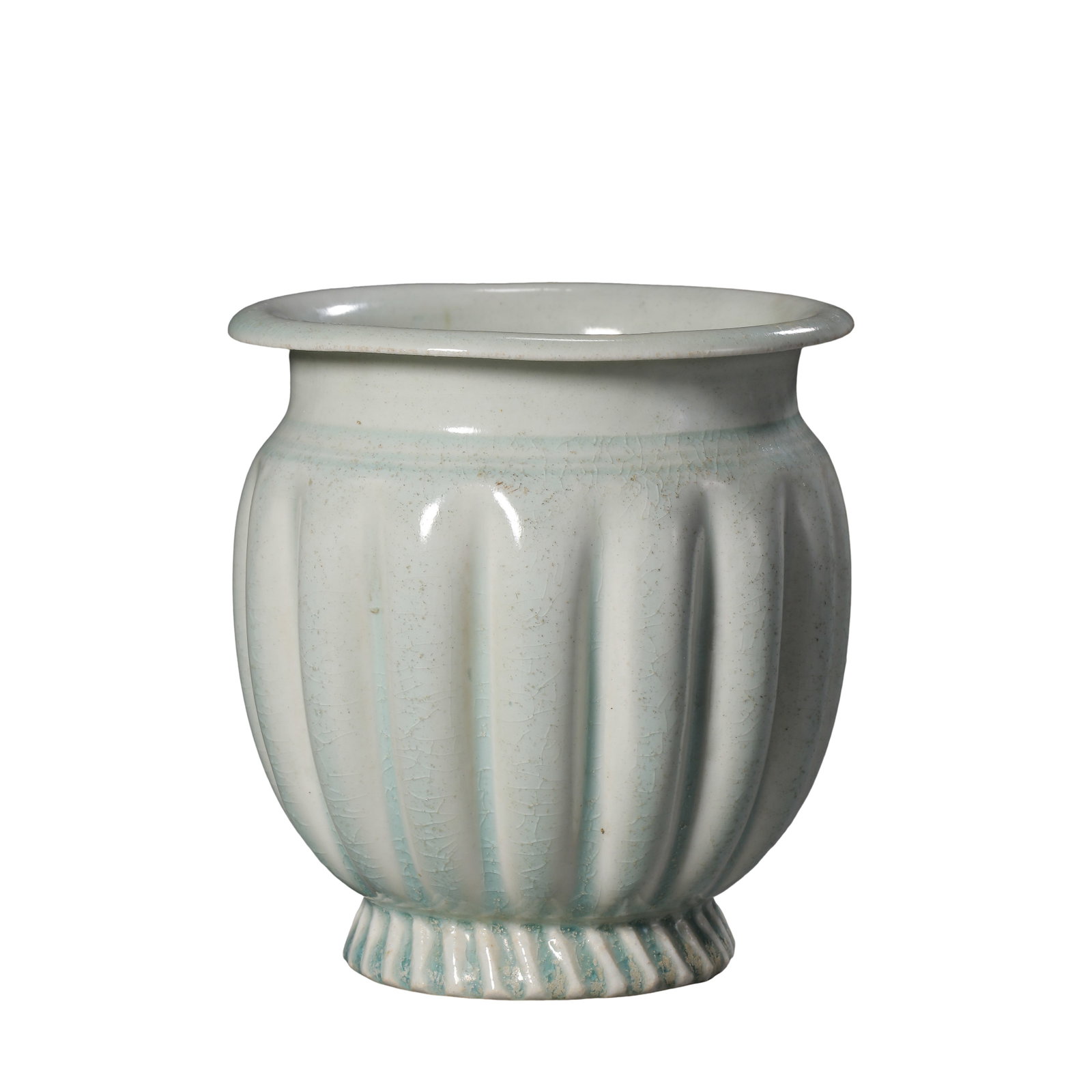 Hutian Kiln Ying?Qing Celadon Melon?Ribbed Flared?Rim Jar, Song Dynasty: Measurements: Rim diameter 12.5cm (4.92 inches), overall height 13cm (5.12 inches), 10th?13th century Song Dynasty Hutian kiln ying?qing scholar’s storage jarCondition & Provenance: The jar is fully