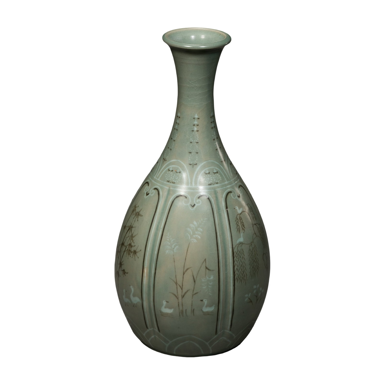 Goryeo Celadon Inlaid Riverside Wild Goose Yuhuchun Vase, Goryeo Dynasty: Measurements: Overall height 32cm (12.60 inches), 12th?14th century Goryeo dynasty celadon ornamental display vase,condition & Provenance: The vase is entirely intact without cracks, chips or restorat