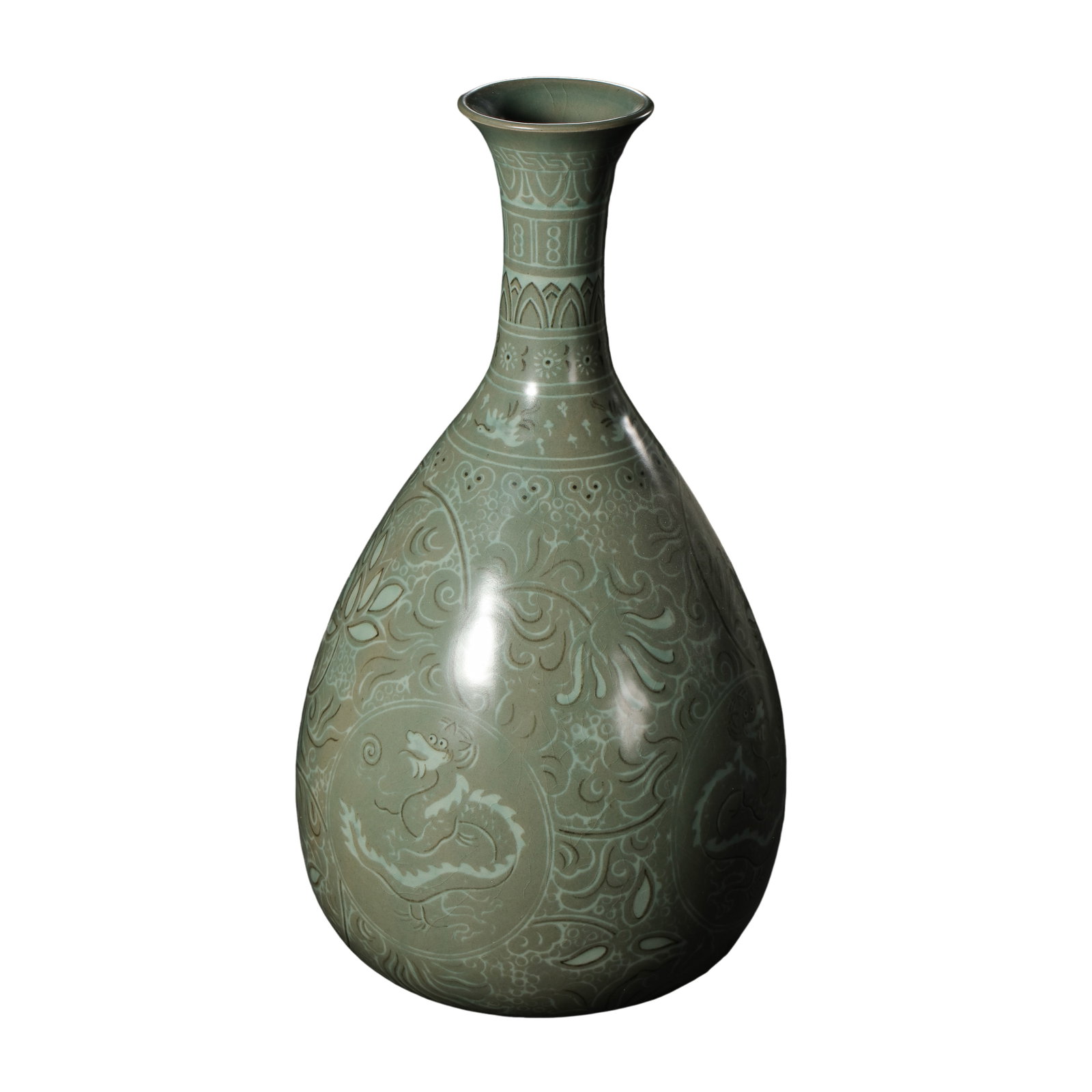 Goryeo Celadon Inlaid Dragon Roundel & Scrolling Floral Yuhuchun Vase, Goryeo Dynasty (1 of 8)