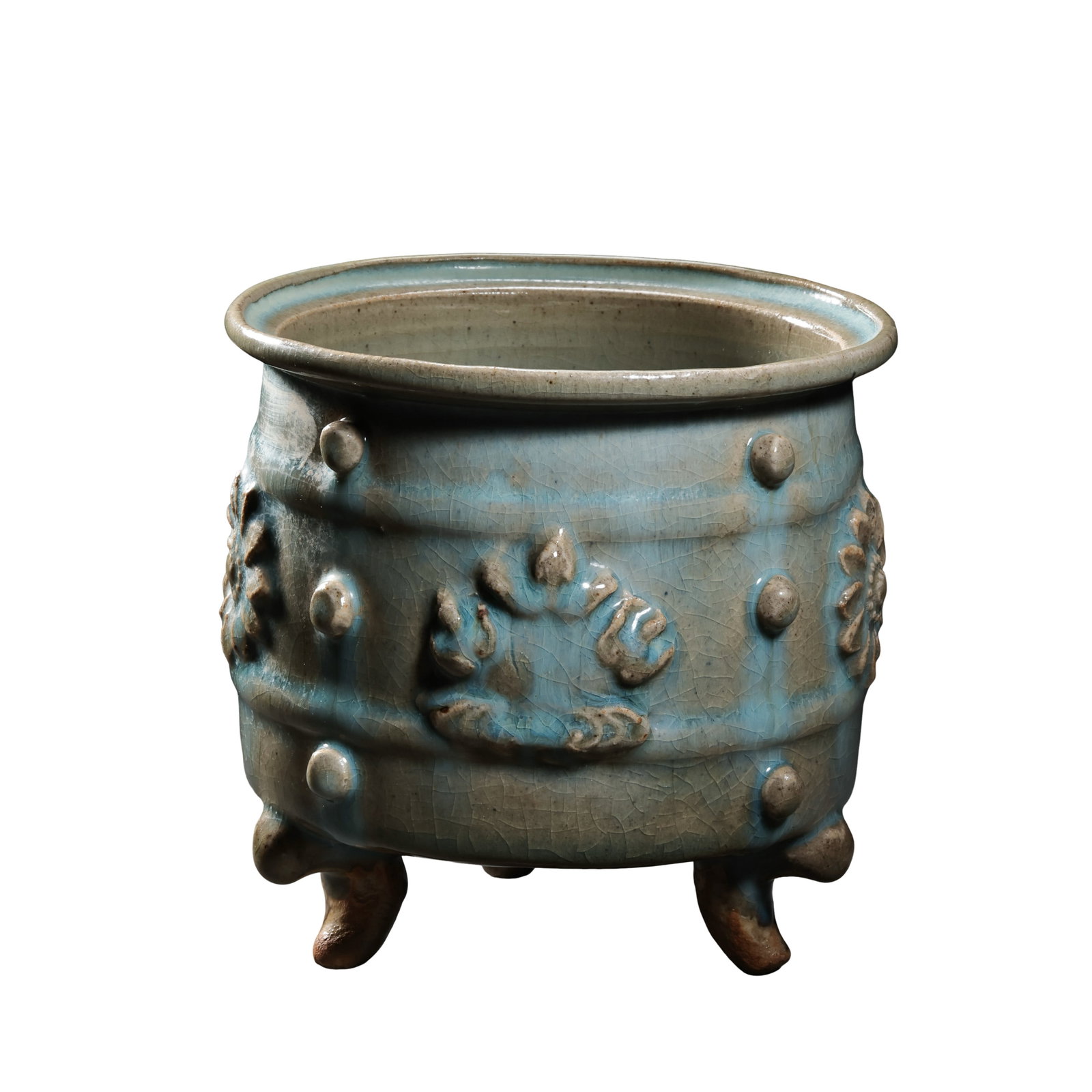 Jun?Ware Sky?Blue Glaze Purple?Splash Tripod Censer With Stud Molding And Applied Floral (1 of 9)