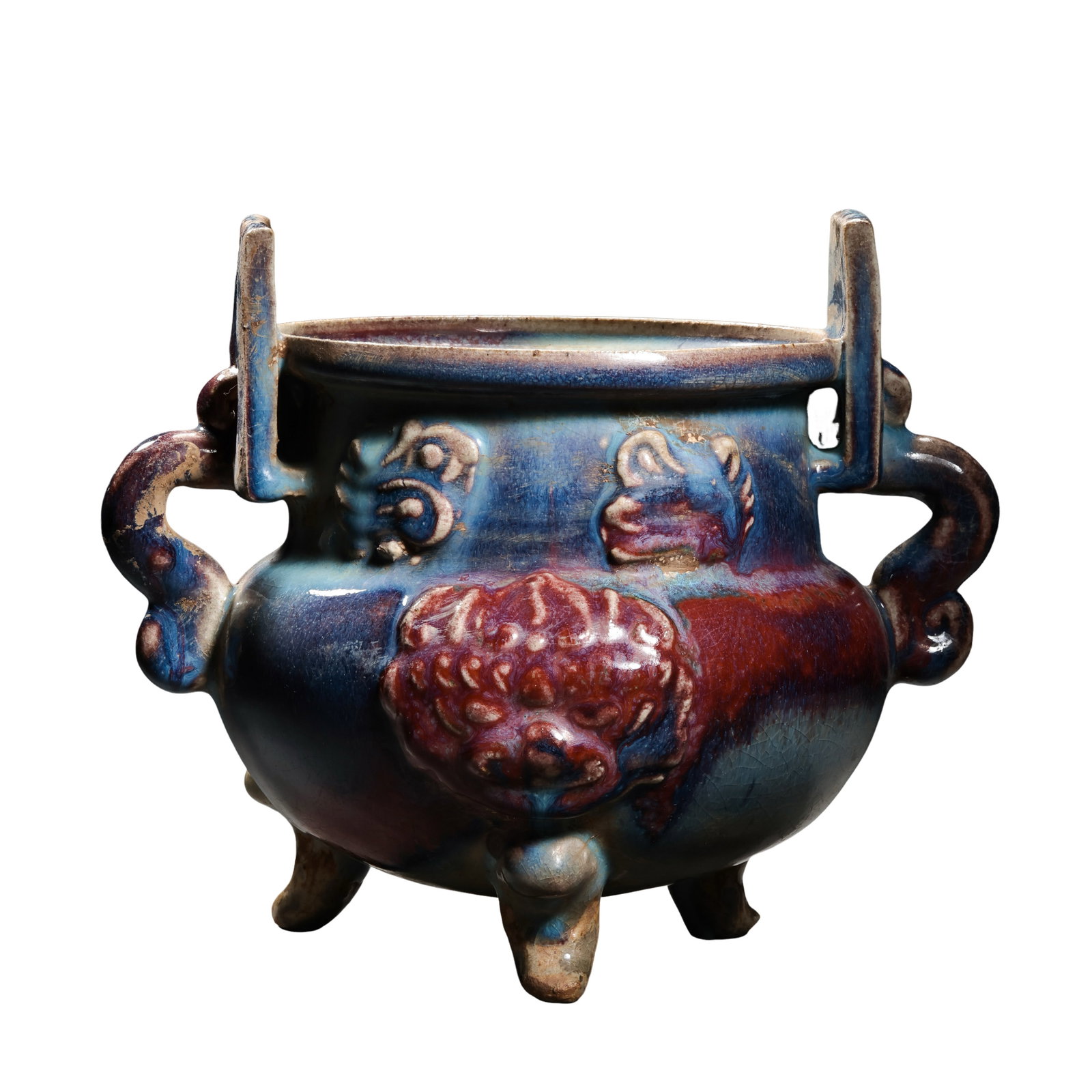 Jun Ware Sky?Blue & Rose?Purple Kiln?Glazed Tripod Censer With Applied Beast Mask, Animal: Measurements: Rim diameter 18cm (7.09 inches), overall height 17cm (6.69 inches), 12th?14th century Jin?Yuan Jun Yao ritual censerCondition & Provenance: The censer remains structurally intact with no