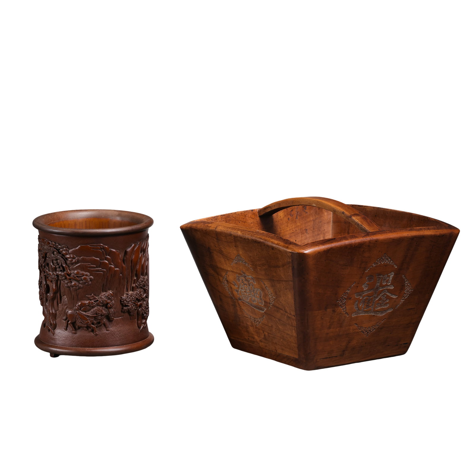 Deep Carved Bamboo Brush Pot with Mountain Traveler Scene, Qing DynastyNanmu Wood Grain Measure (1 of 16)