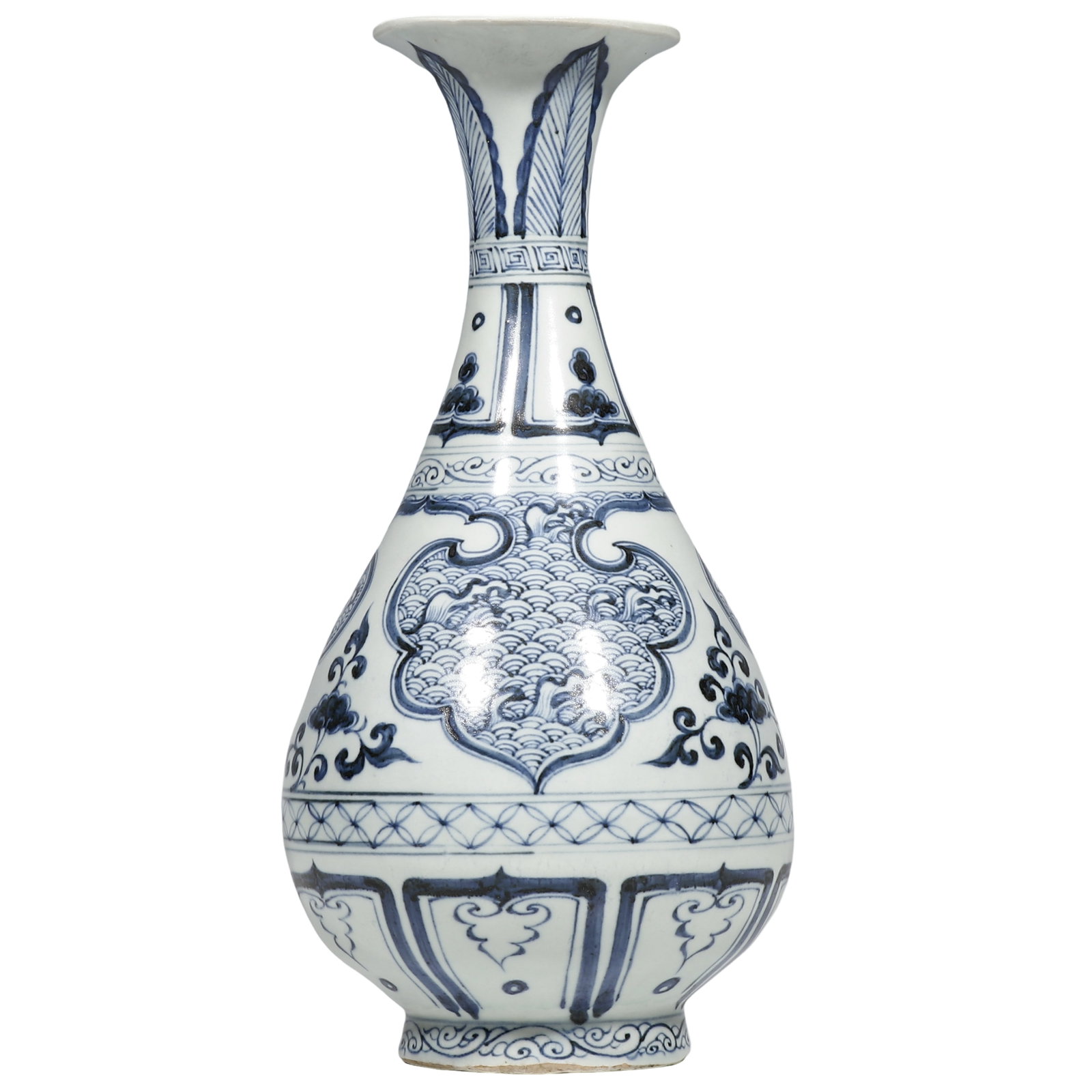 Yuan Dynasty Blue and White Yuhuchun Vase with Reserved?Panel Sea?Wave and Auspicious Beast (1 of 6)