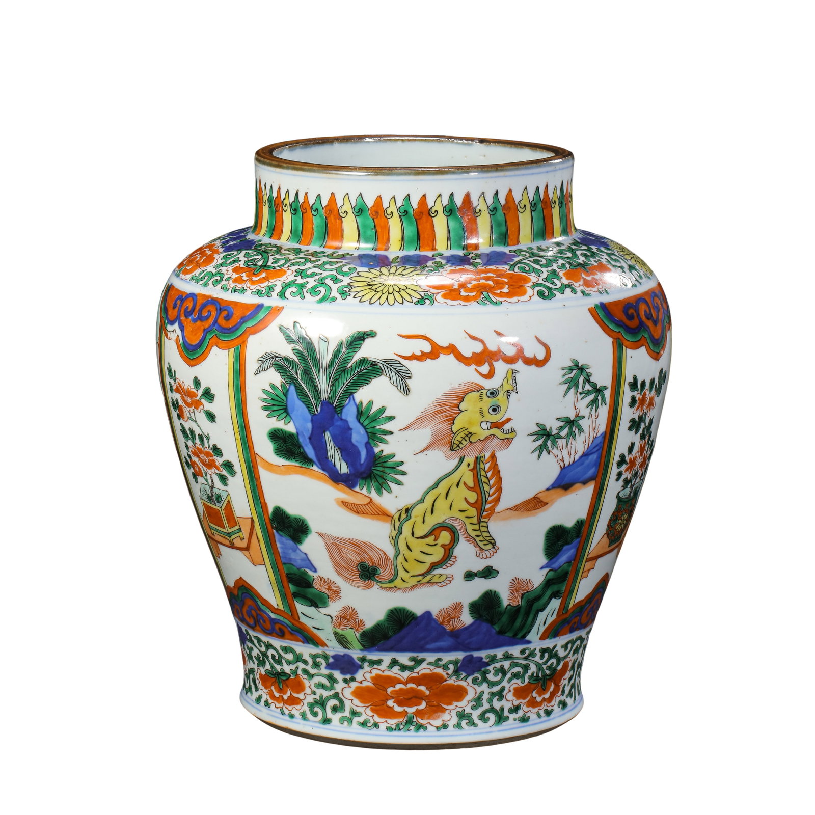 Large Wucai Display Jar with Panels of Auspicious Qilin, Plantain, Rock & Floral Decoration, Qing: Measurements: Overall height 29cm (11.42 inches), 17th?20th century Qing dynasty decorative porcelainCondition & Provenance: The jar is fully intact with no hairline cracks or major chips and color lo