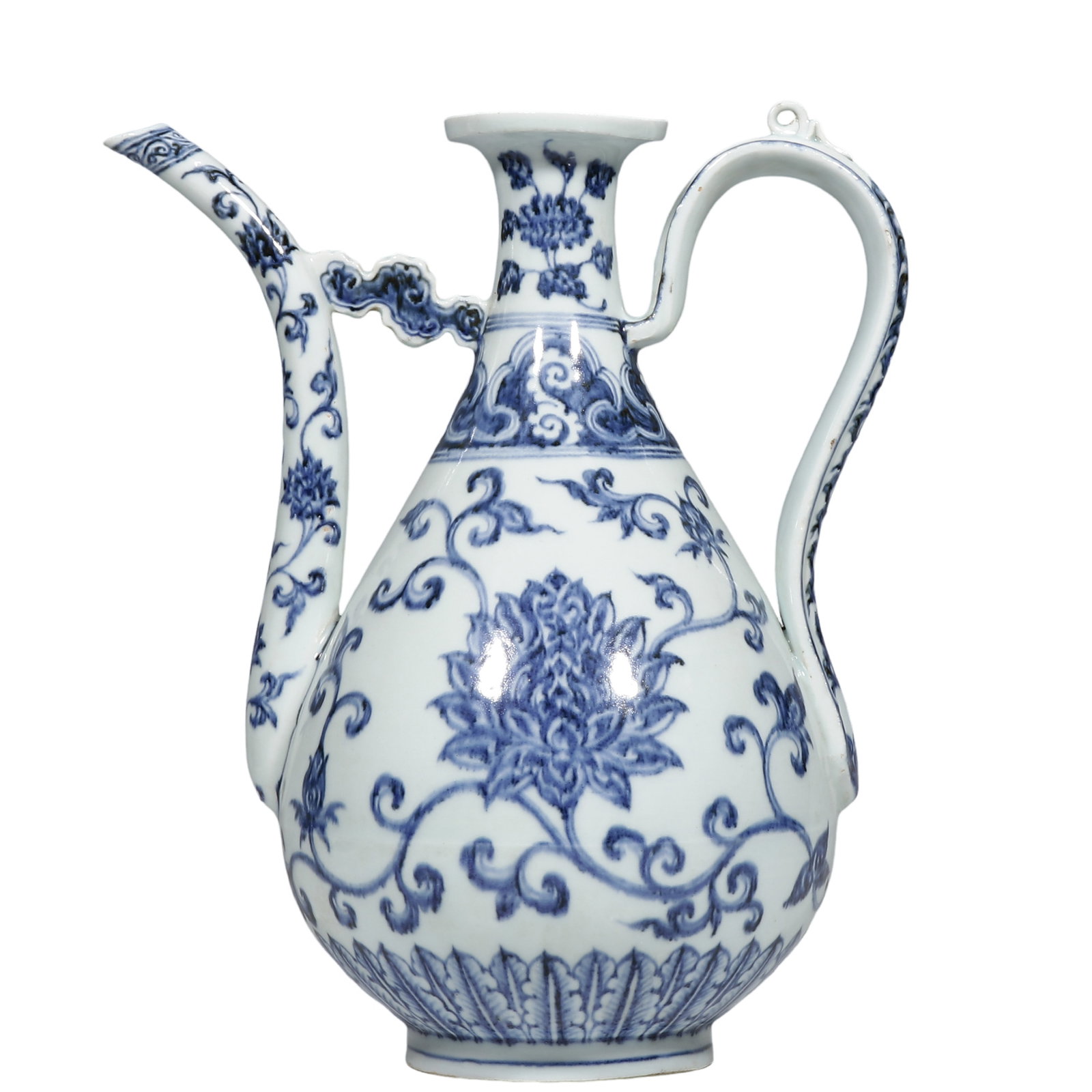 Ming Yongle Blue?and?White Pear?Shaped Ewer with Interlocking Lotus Scroll: Dimensions?H.30cm?H.0.984ft? Condition & Provenance?The ewer is complete, no cracks or chips to body, spout and handle. The glaze is lustrous bluish?white with natural aged patina. Minor age?related g