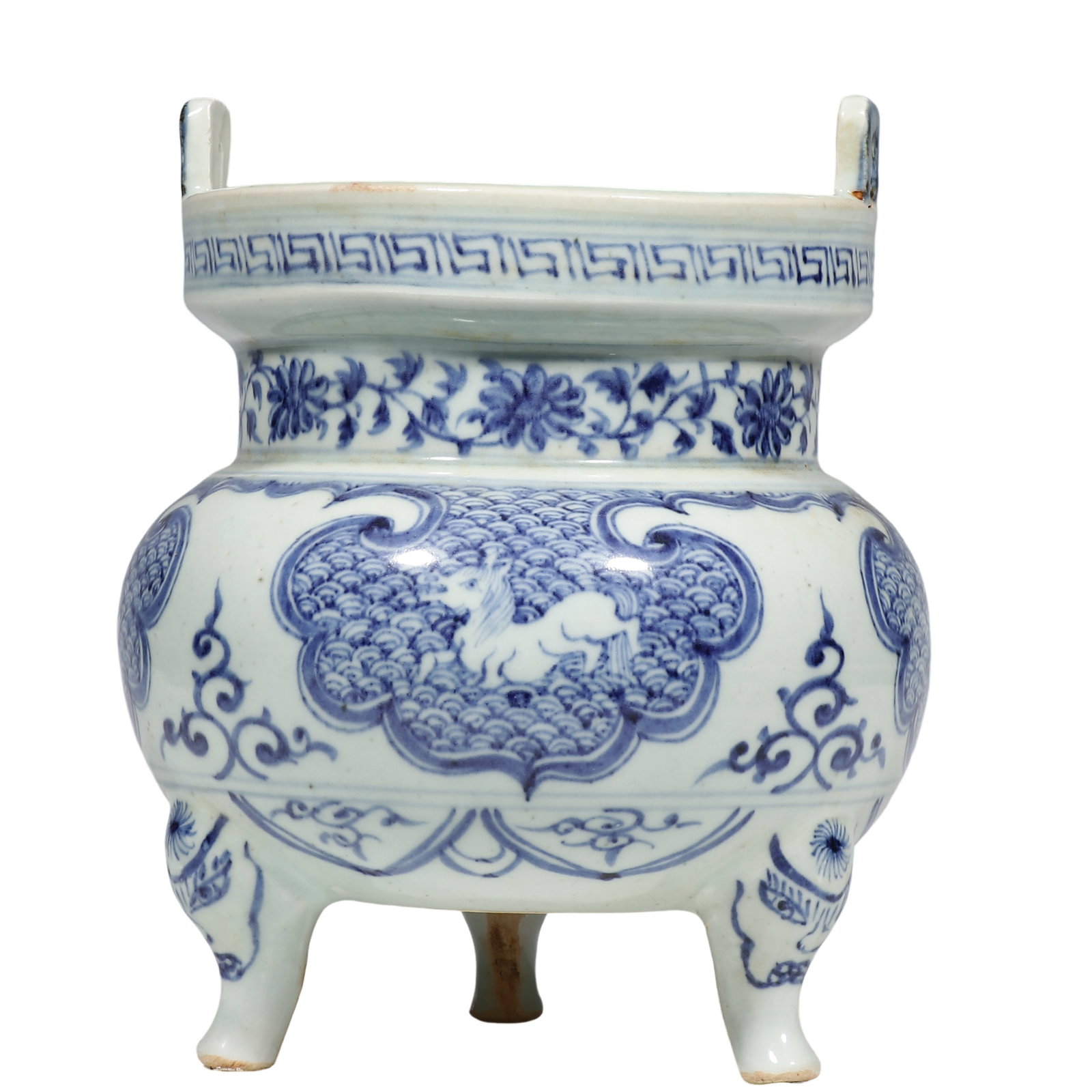 Yuan Blue?and?White Tripod Censer with Two Ears, Sea?Wave and Auspicious Beast Pattern: Dimensions?H.23.2cm?W.17cm?H.0.761ft?W.0.558ft? Condition & Provenance?The censer is intact, two upright ears and three tripod feet free of cracks. Minor glaze wear on rim and foot tips from historica