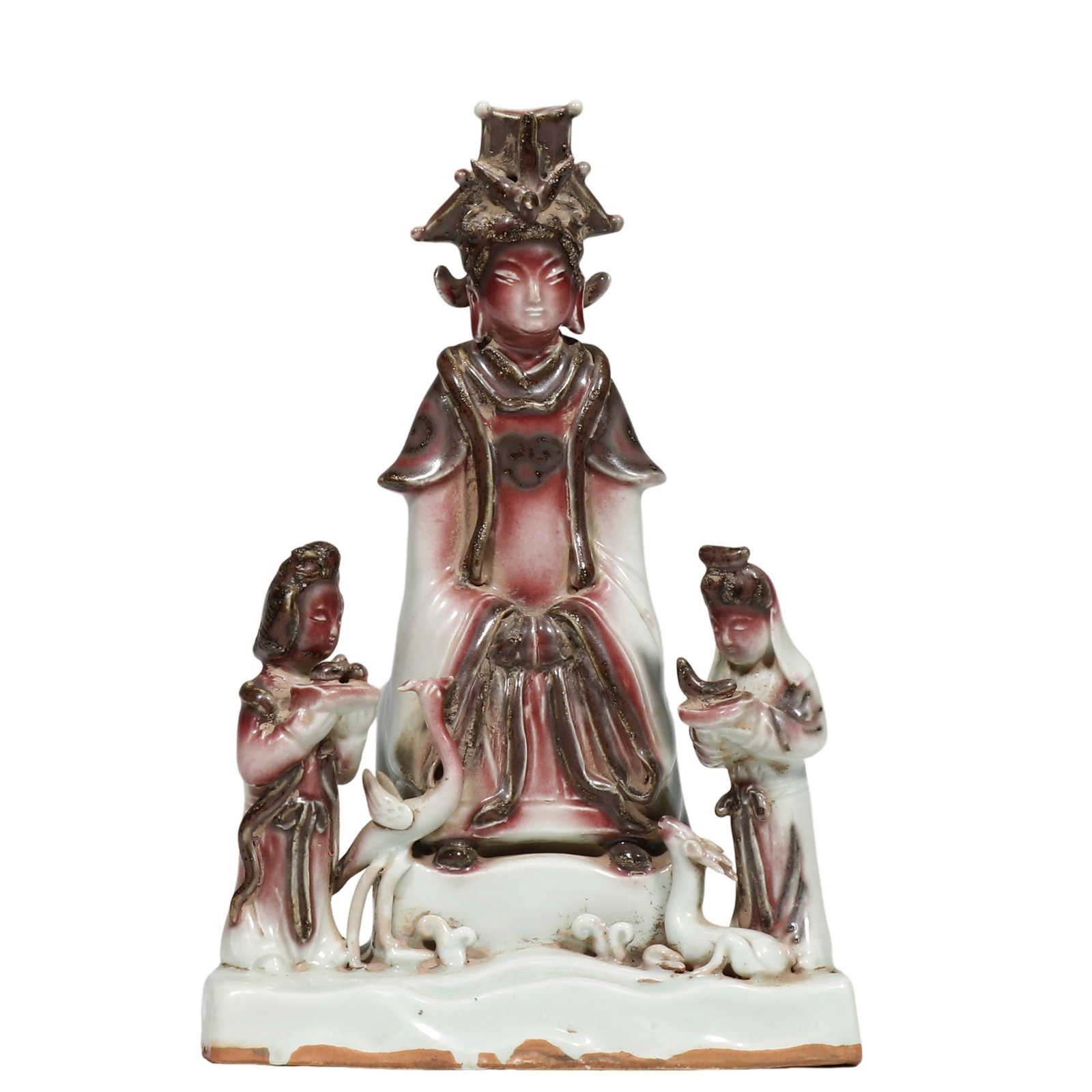 Yuan Underglaze?Red Porcelain Group Sculpture of Queen Mother of the West: Dimensions?H.21cm?W.14cm?H.0.689ft?W.0.459ft? Condition & Provenance?The complete group sculpture is free of cracks. Main deity, maids and auspicious beasts remain intact. Minor age?related wear exist